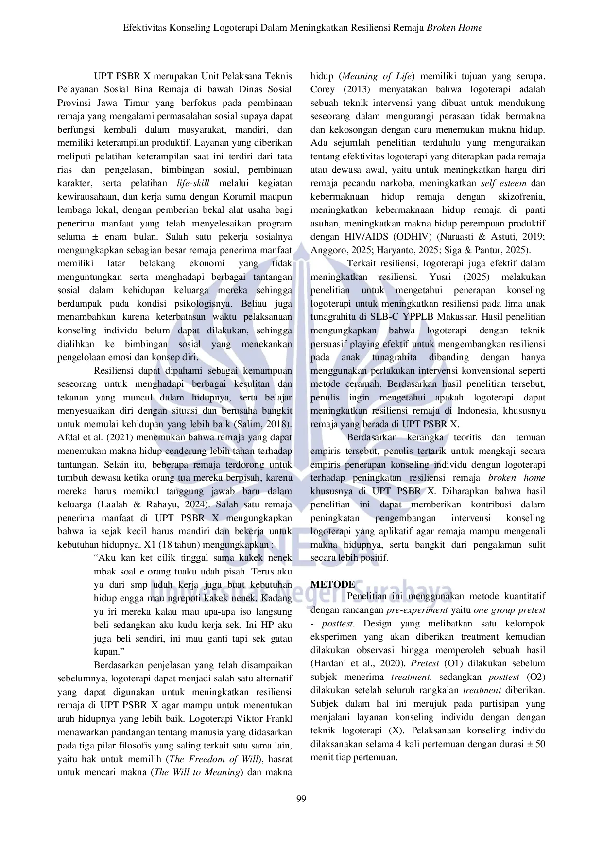 JURIS Efektivitas Konseling Logoterapi Dalam Meningkatkan Resiliensi Remaja Broken Home