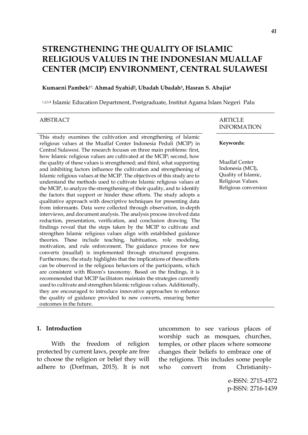 JURIS Strengthening the Quality of Islamic Religious Values in the Indonesian Muallaf Center MCIP Environment Central Sulawesi