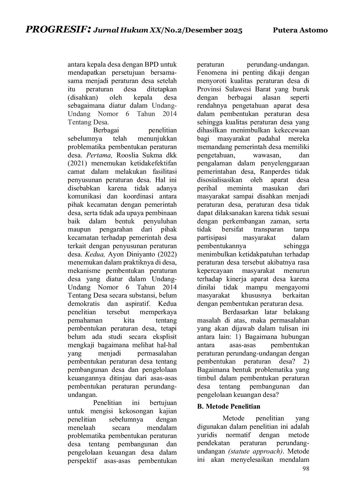 JURIS Problematika Pembentukan Peraturan Desa Tentang Pembangunan dan Pengelolaan Keuangan Desa Perspektif Asas asas Pembentukan Peraturan Perundang undangan