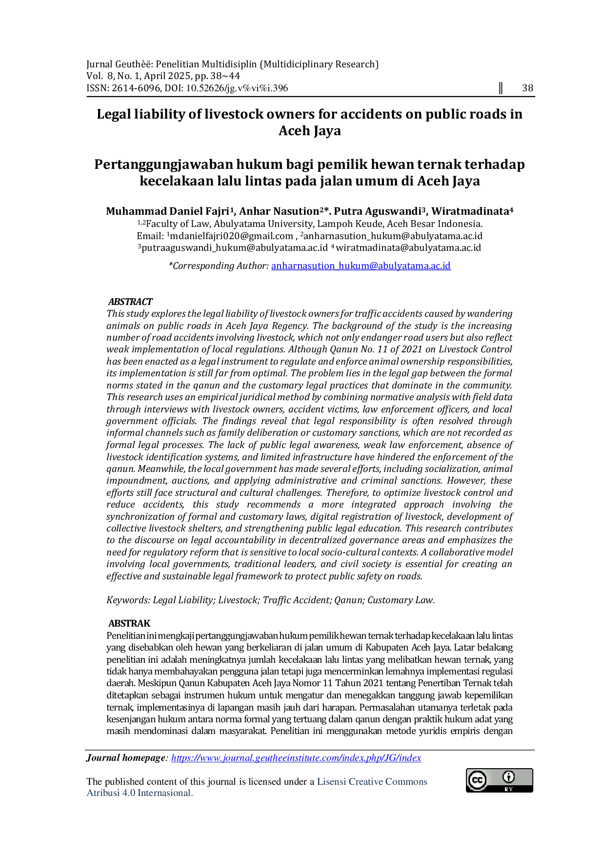 JURIS Legal liability of livestock owners for accidents on public roads in Aceh Jaya