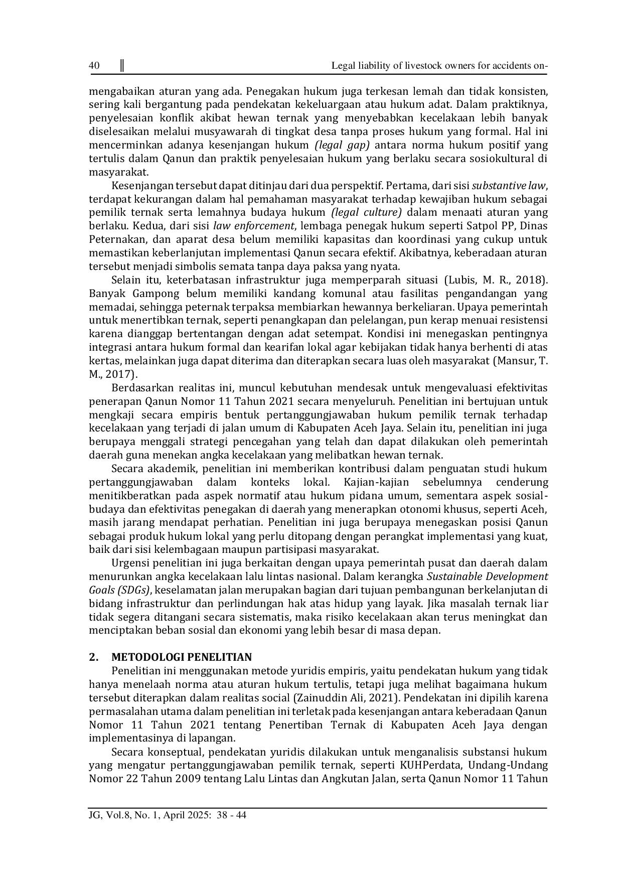 JURIS Legal liability of livestock owners for accidents on public roads in Aceh Jaya