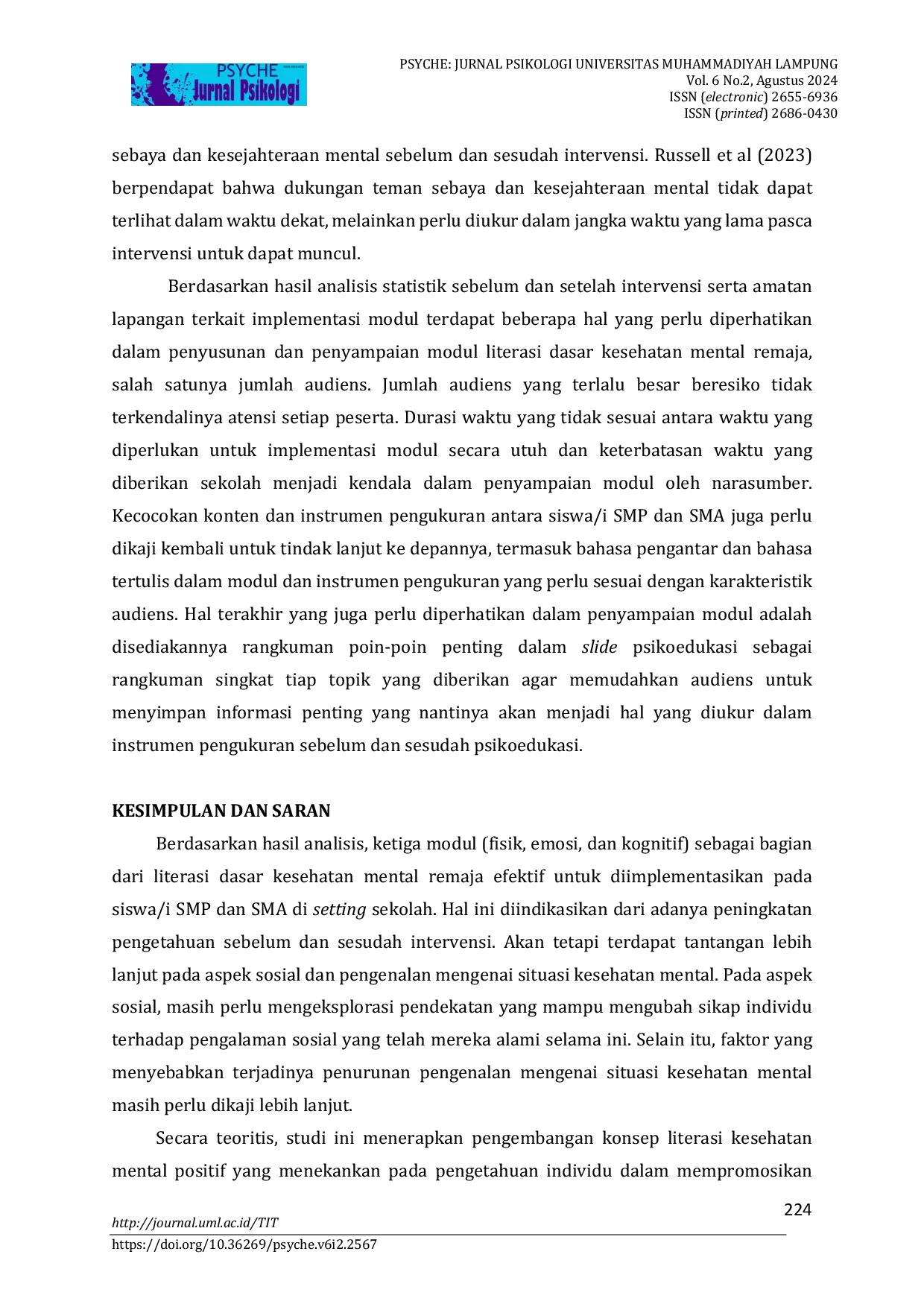 JURIS Penerapan Modul Literasi Dasar Kesehatan Mental Remaja