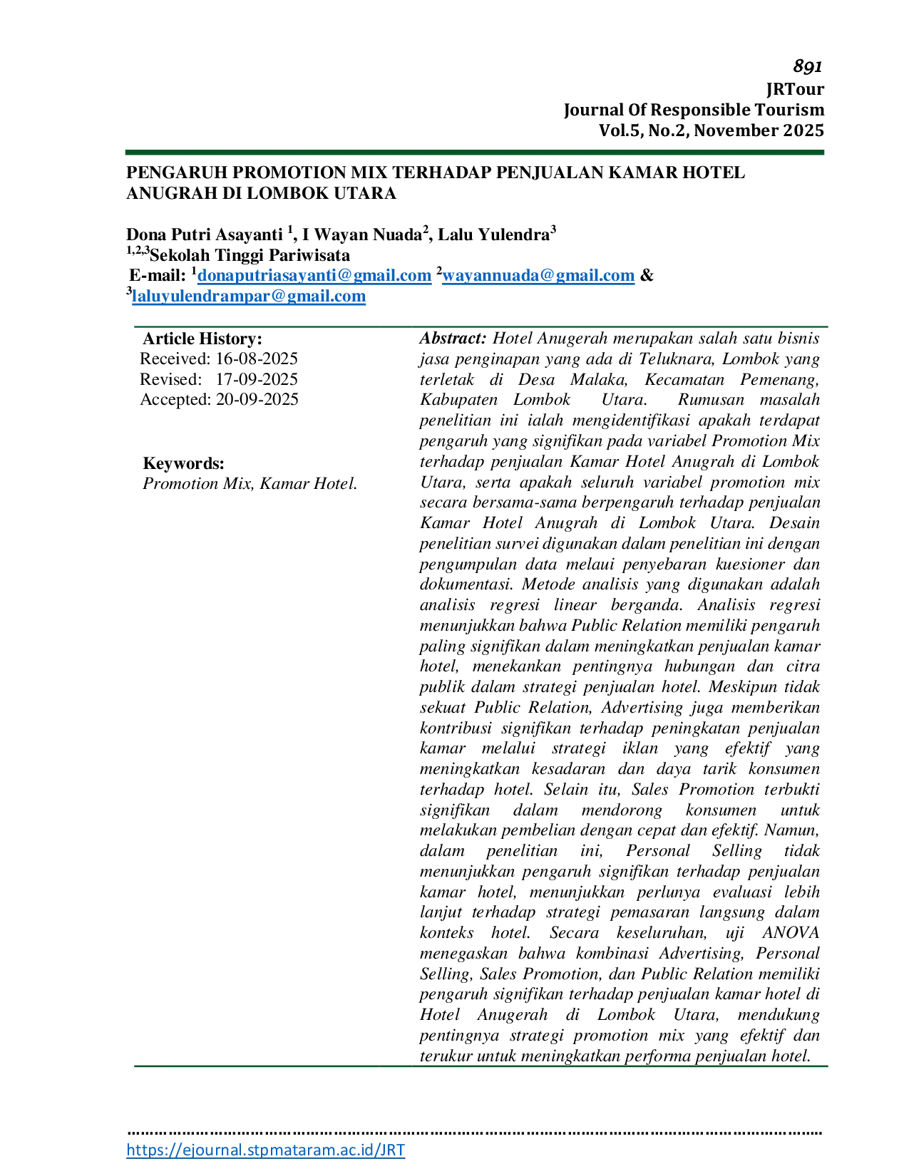 JURIS Pengaruh Promotion Mix Terhadap Penjualan Kamar Hotel Anugerah di Lombok Utara