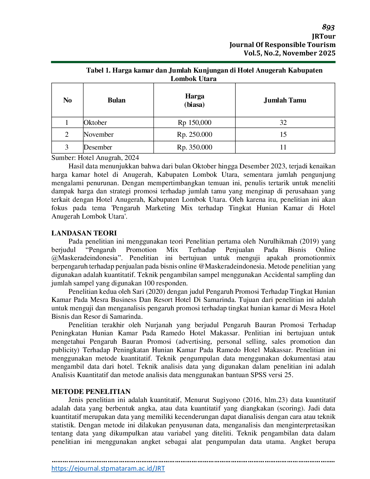 JURIS Pengaruh Promotion Mix Terhadap Penjualan Kamar Hotel Anugerah di Lombok Utara