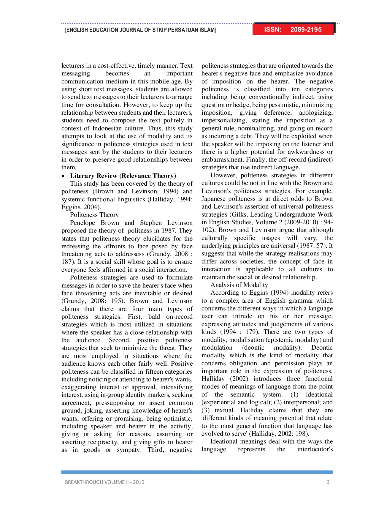 JURIS Analysis Modality and Politeness Strategy on Lecturer Students Short Text Message Interaction