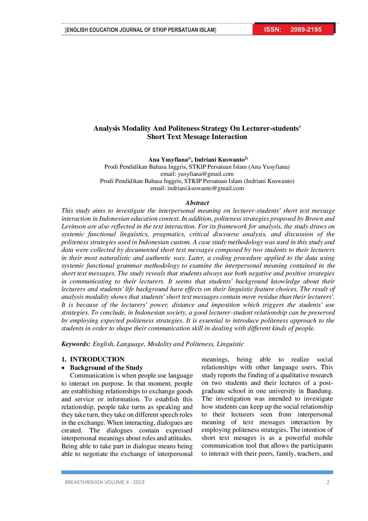 JURIS Analysis Modality and Politeness Strategy on Lecturer Students Short Text Message Interaction