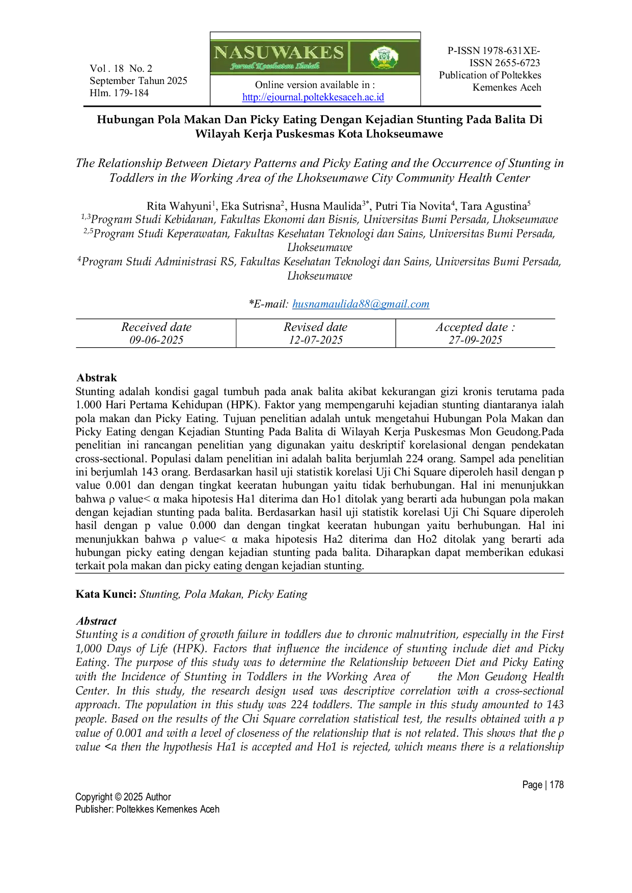 JURIS Hubungan Pola Makan Dan Picky Eating Dengan Kejadian Stunting Pada Balita Di Wilayah Kerja Puskesmas Kota Lhokseumawe