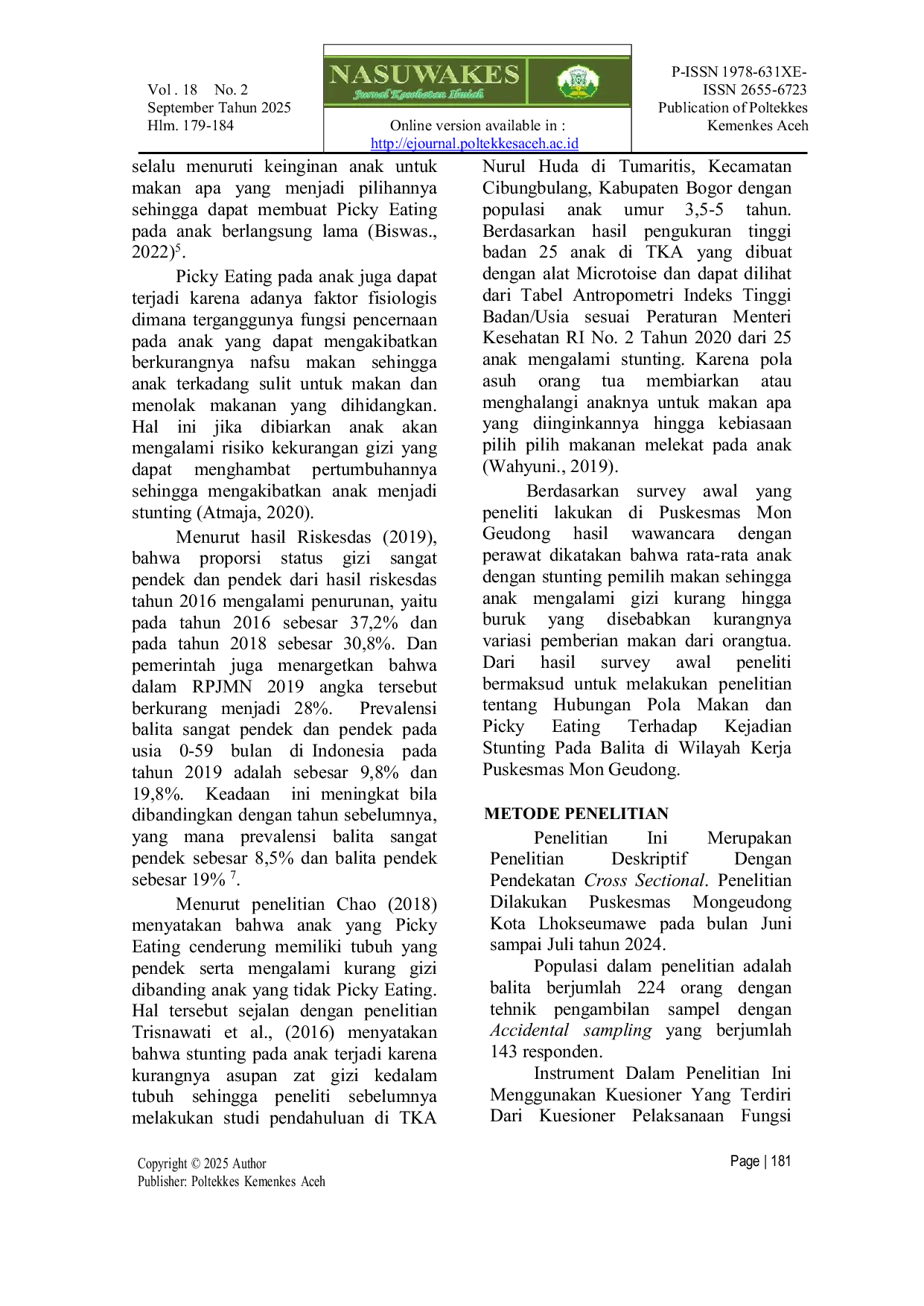 JURIS Hubungan Pola Makan Dan Picky Eating Dengan Kejadian Stunting Pada Balita Di Wilayah Kerja Puskesmas Kota Lhokseumawe