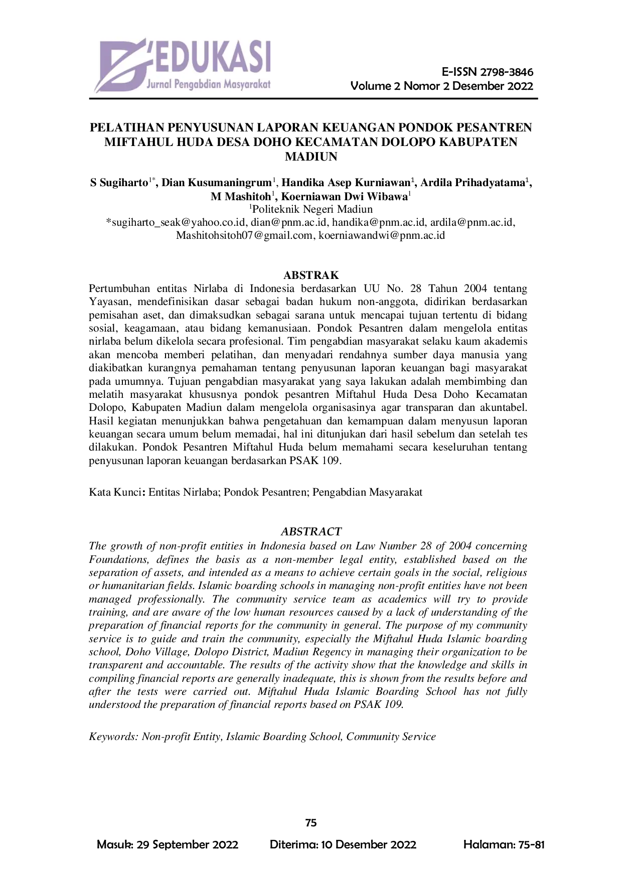 JURIS Pelatihan Penyusunan Laporan Keuangan Pondok Pesantren Miftahul Huda Desa Doho Kecamatan Dolopo Kabupaten Madiun