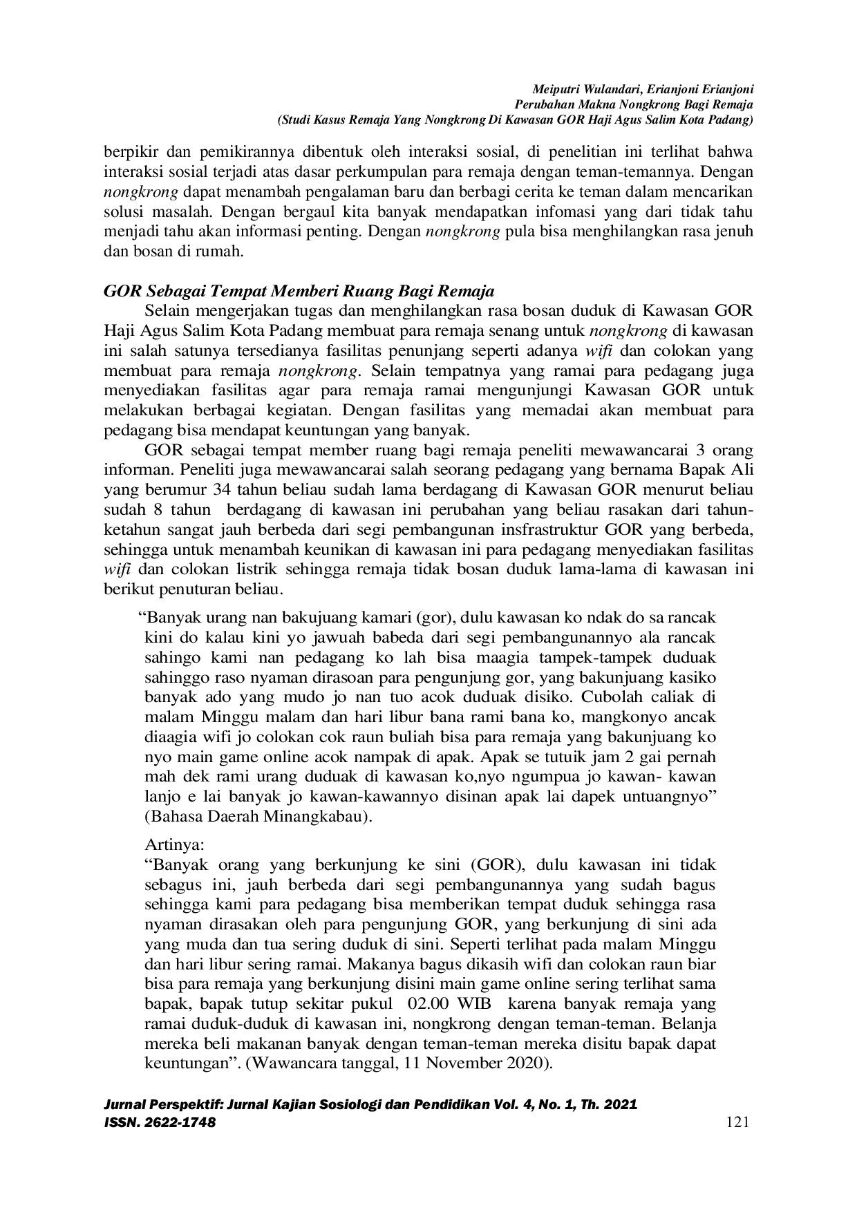 JURIS Perubahan Makna Nongkrong Bagi Remaja Studi Kasus Remaja yang Nongkrong di Kawasan GOR Haji Agus Salim Kota Padang