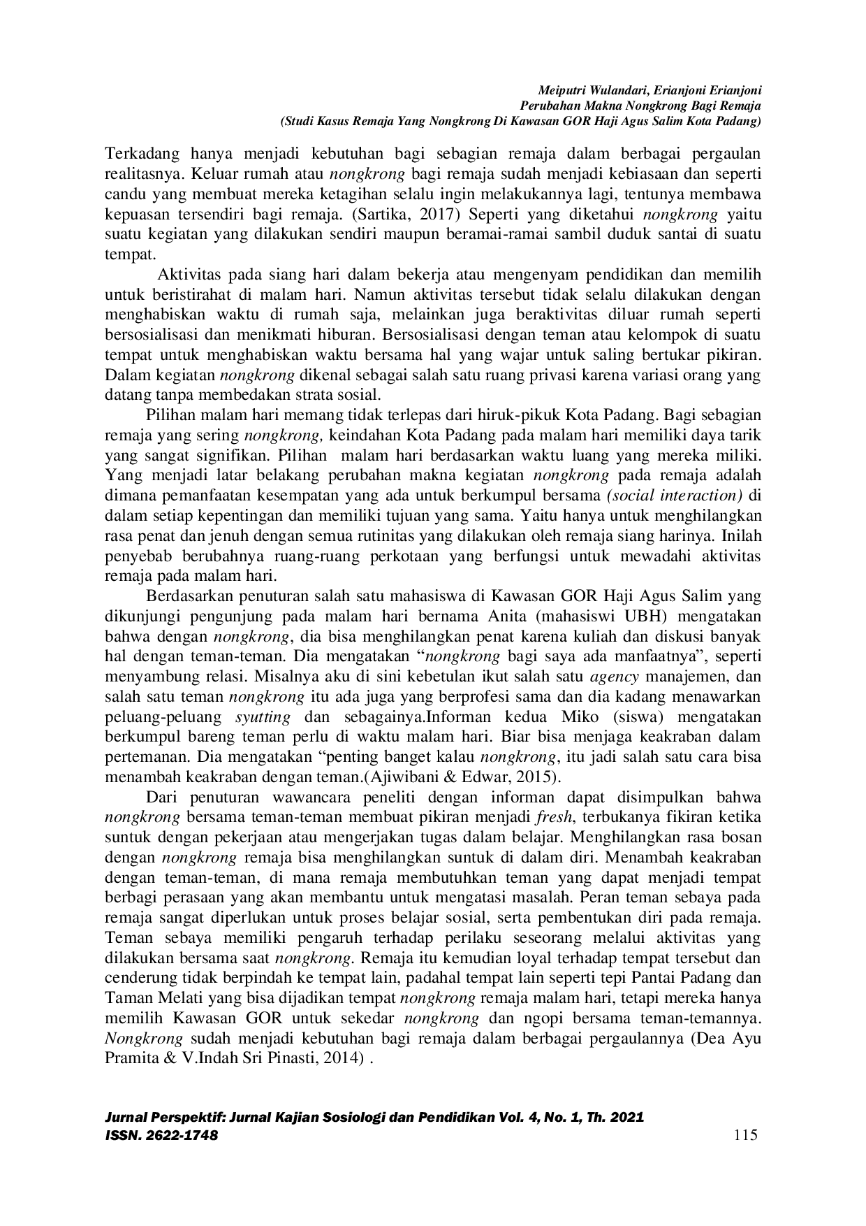 JURIS Perubahan Makna Nongkrong Bagi Remaja Studi Kasus Remaja yang Nongkrong di Kawasan GOR Haji Agus Salim Kota Padang