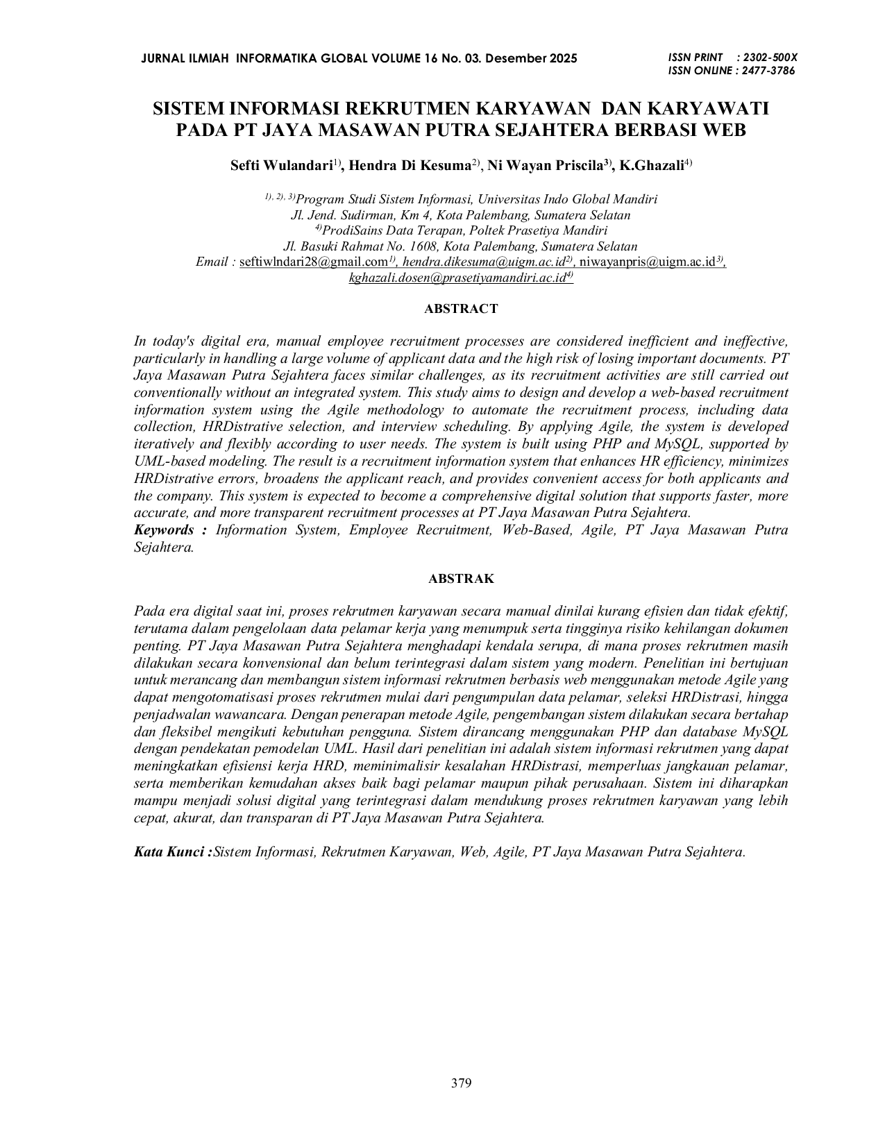 JURIS Sistem Informasi Rekrutmen Karyawan Dan Karyawati Pada PT Jaya Masawan Putra Sejahtera Berbasi Web