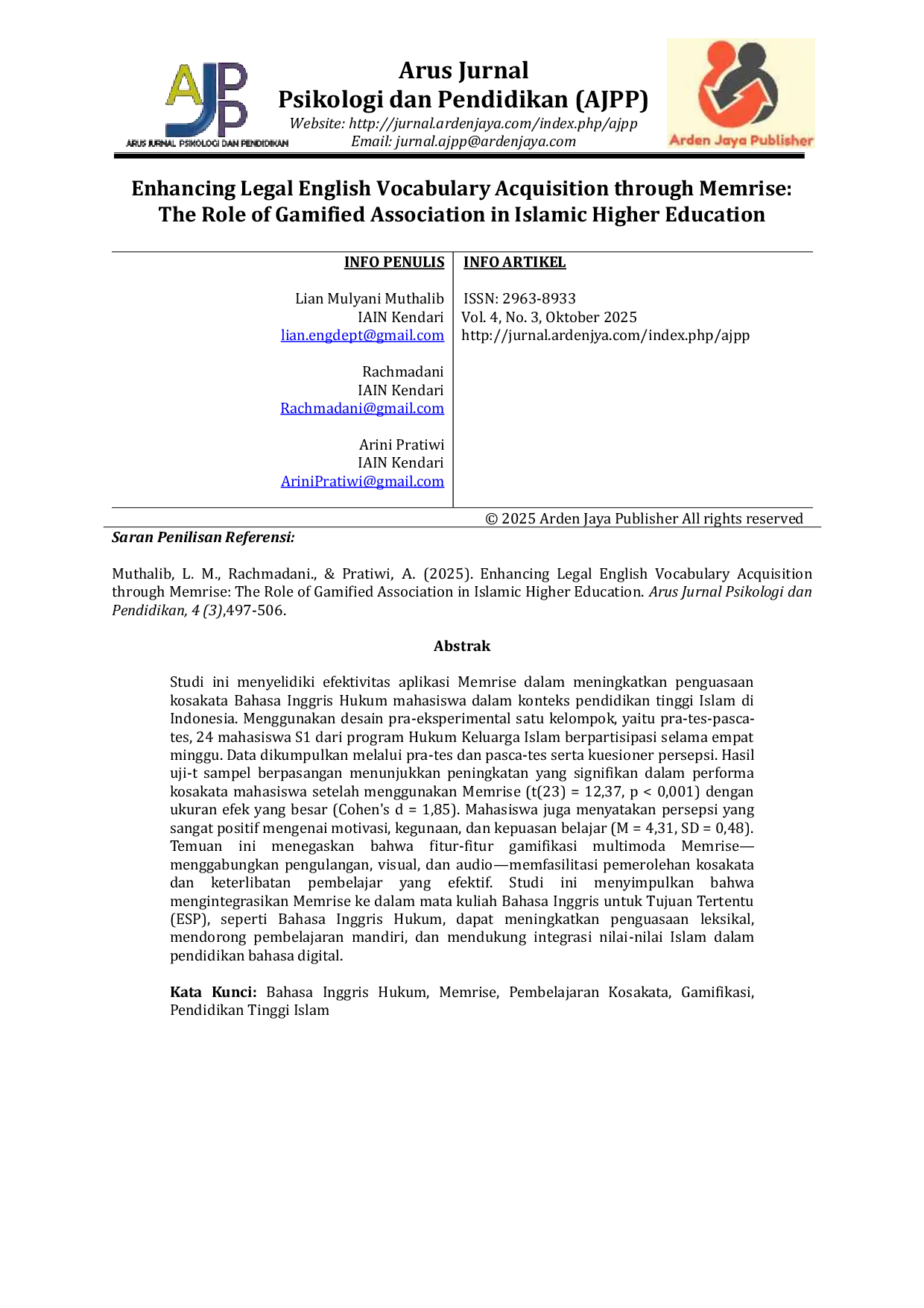 JURIS Enhancing Legal English Vocabulary Acquisition through Memrise The Role of Gamified Association in Islamic Higher Education