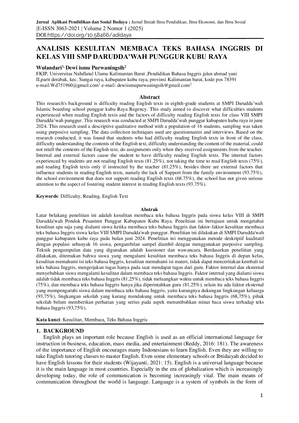 JURIS Analisis Kesulitan Membaca Teks Bahasa Inggris di Kelas VIII SMP Darudda wah Punggur Kubu Raya
