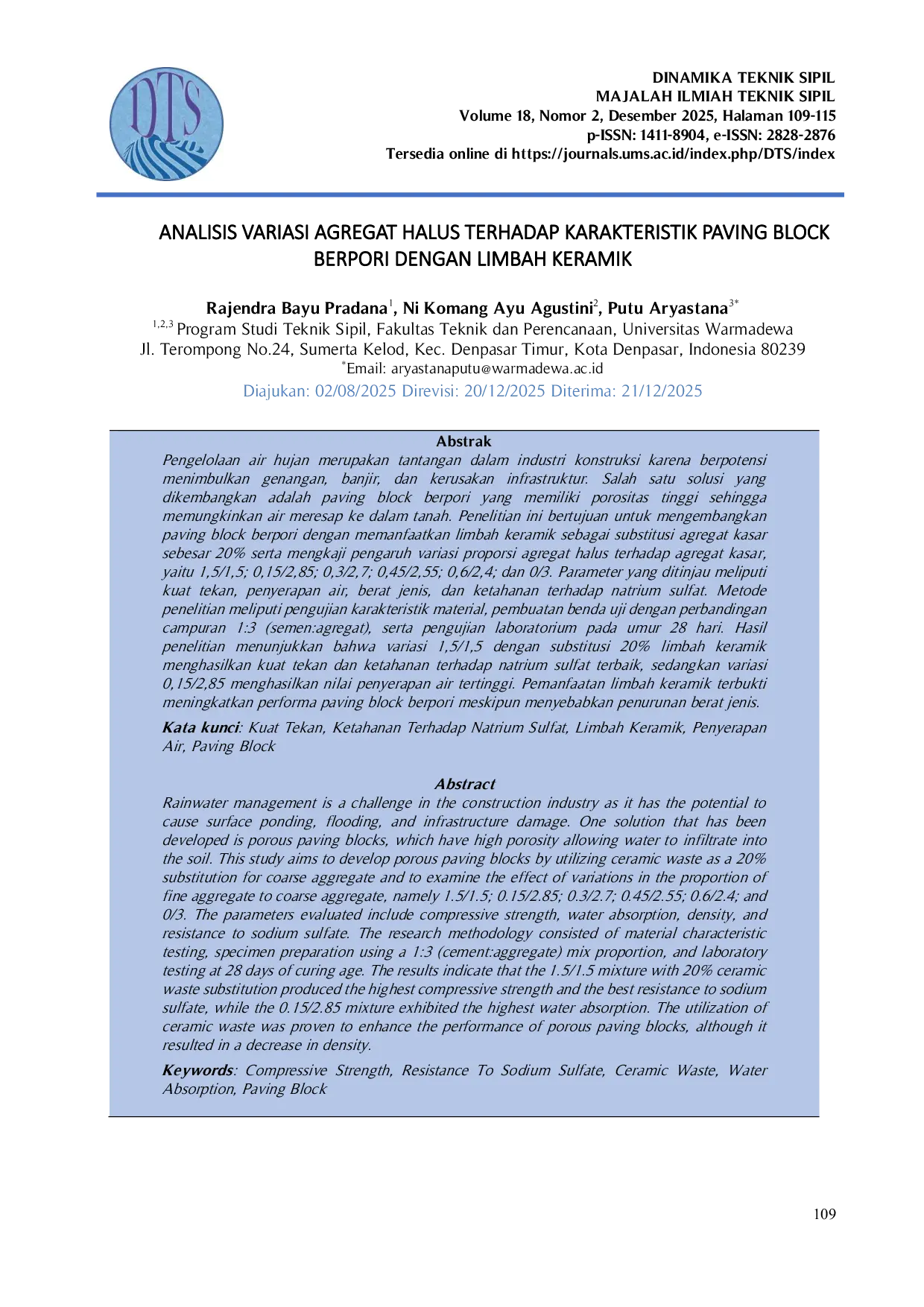 JURIS Analisis Variasi Agregat Halus terhadap Karakteristik Paving Block Berpori dengan Limbah Keramik