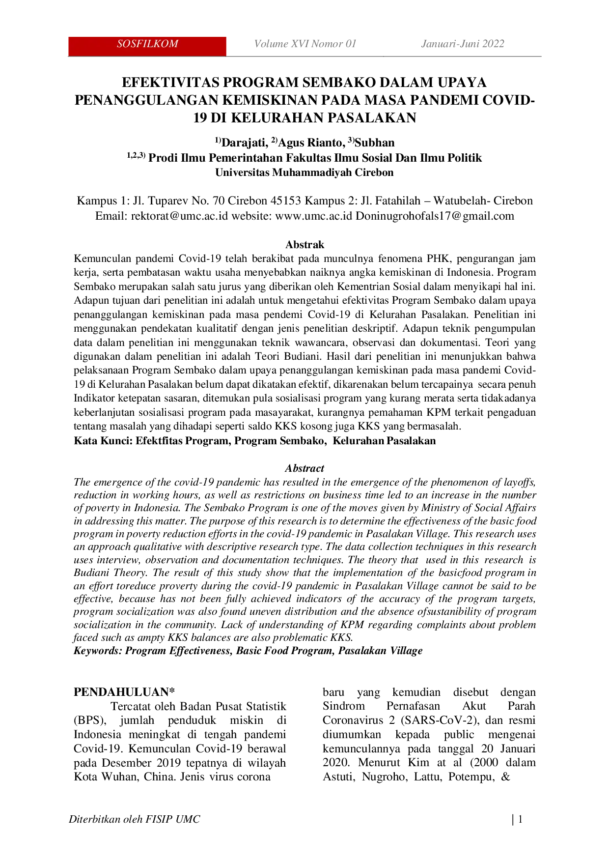 JURIS Efektivitas Program Sembako Dalam Upaya Penanggulangan Kemiskinan Pada Masa Pandemi Covid 19 Di Kelurahan Pasalakan