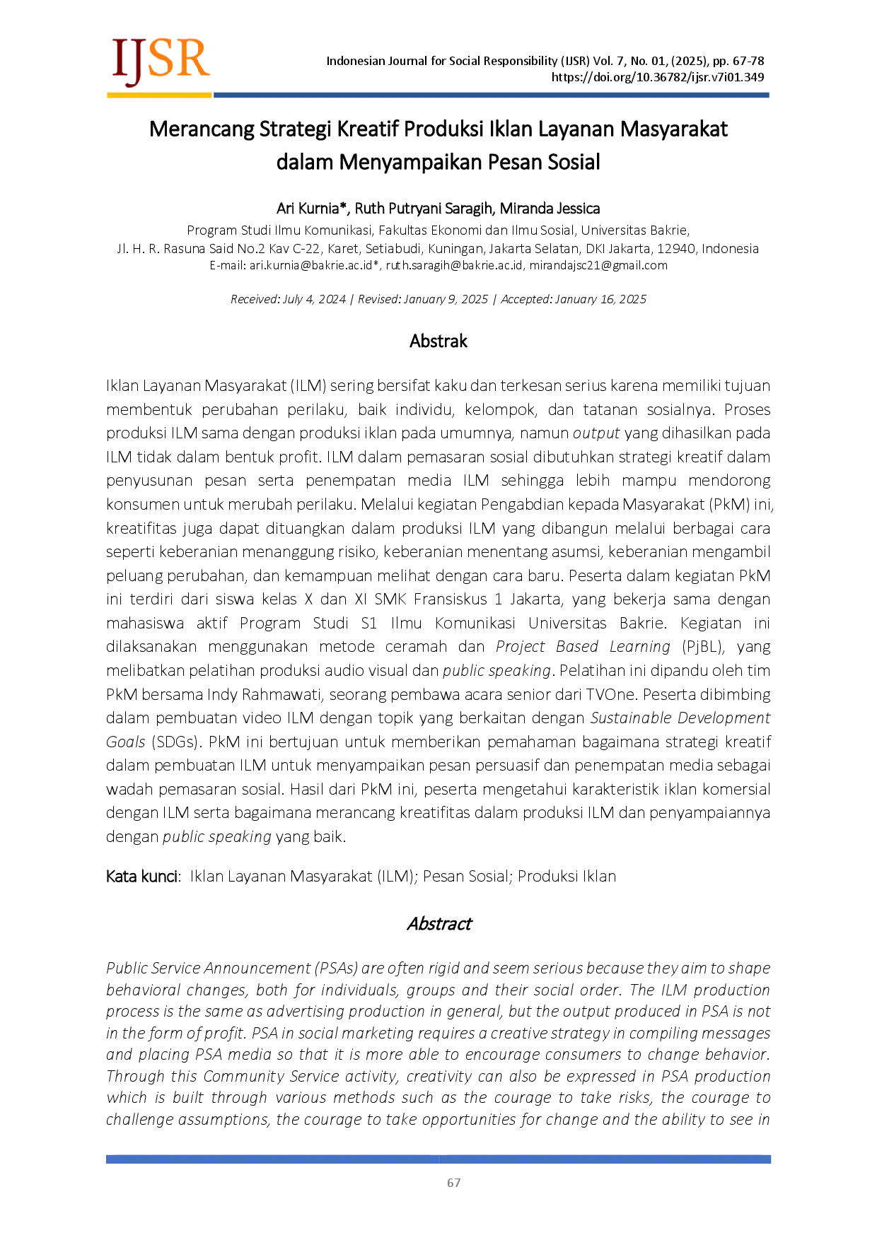 juris Merancang Strategi Kreatif Produksi Iklan Layanan Masyarakat dalam Menyampaikan Pesan Sosial