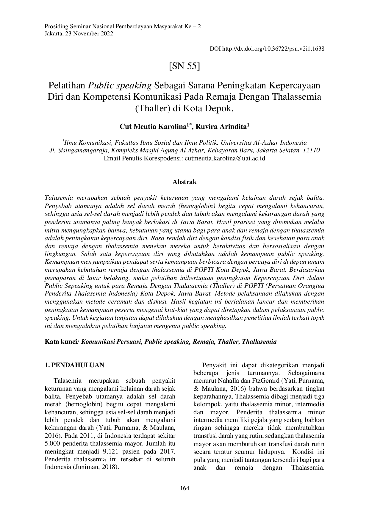 JURIS Pelatihan Public speaking Sebagai Sarana Peningkatan Kepercayaan Diri dan Kompetensi Komunikasi Pada Remaja Dengan Thalassemia Thaller di Kota Depok