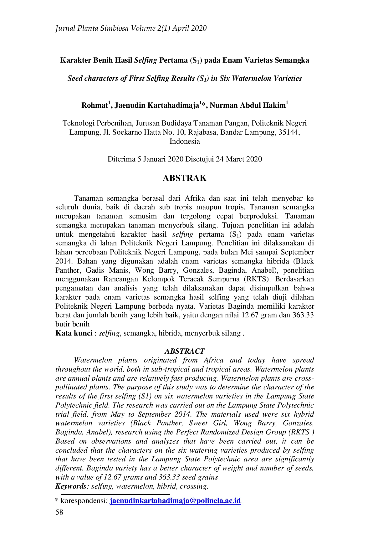 JURIS Karakter Benih Hasil Selfing Pertama S1 pada Enam Varietas Semangka