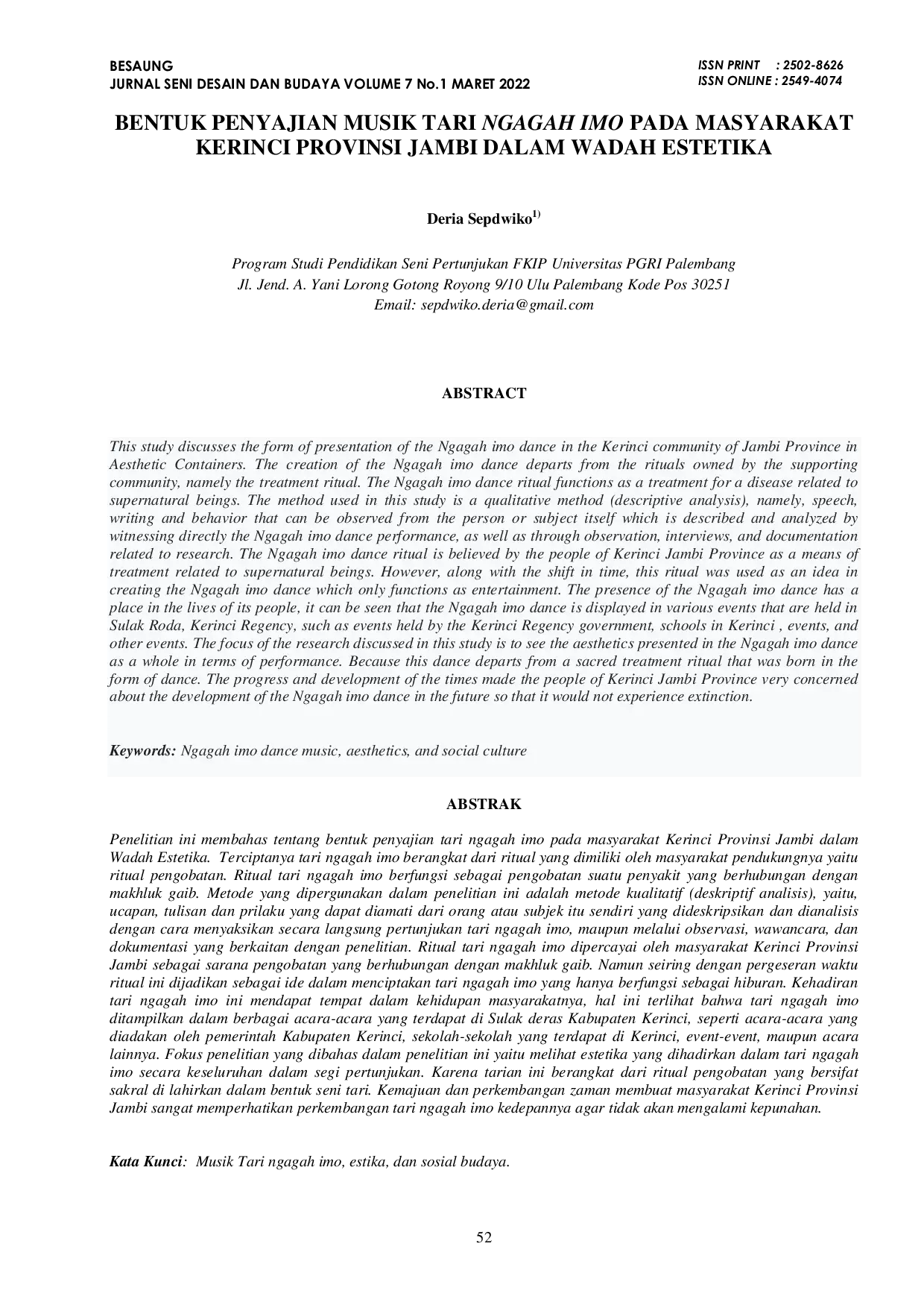 JURIS Bentuk Penyajian Musik Tari Ngagah Imo Pada Masyarakat Kerinci Provinsi Jambi Dalam Wadah Estetika