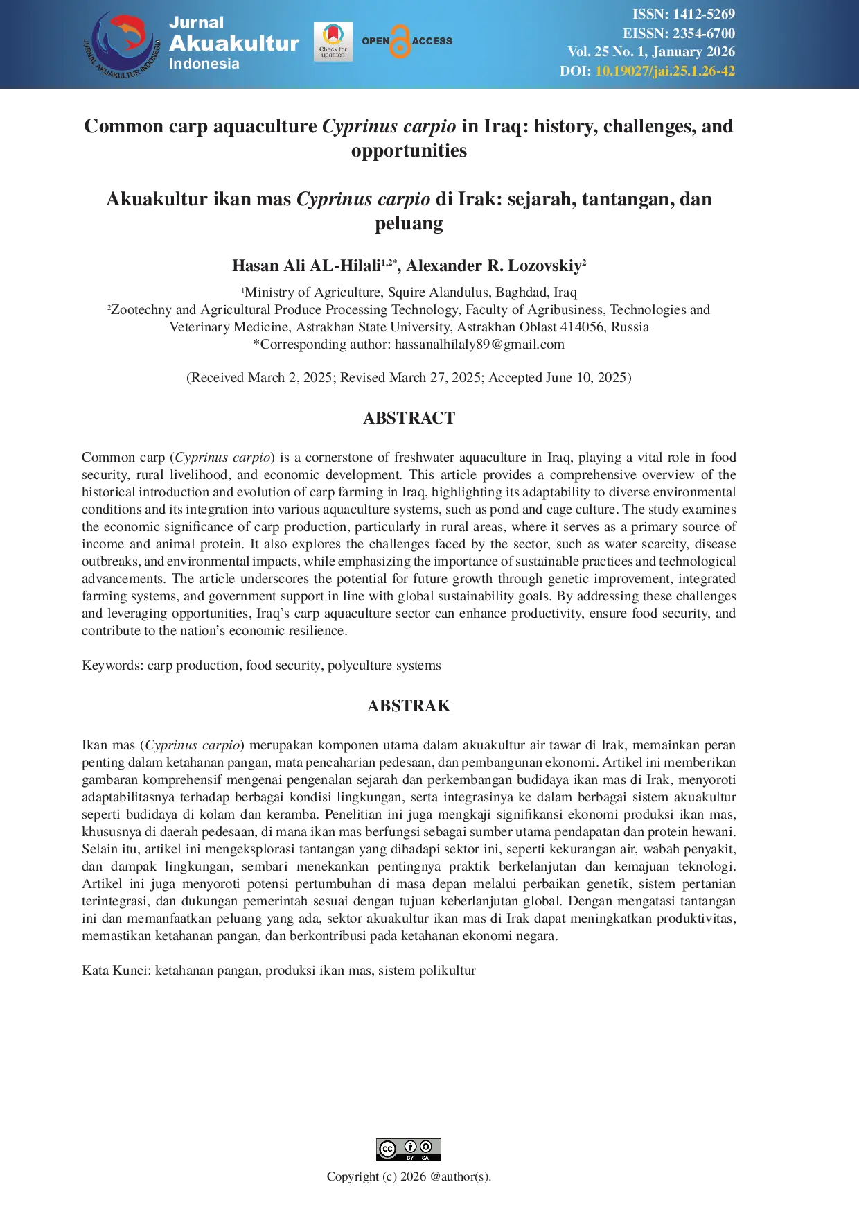 JURIS Common carp aquaculture Cyprinus carpio in Iraq history challenges and opportunities