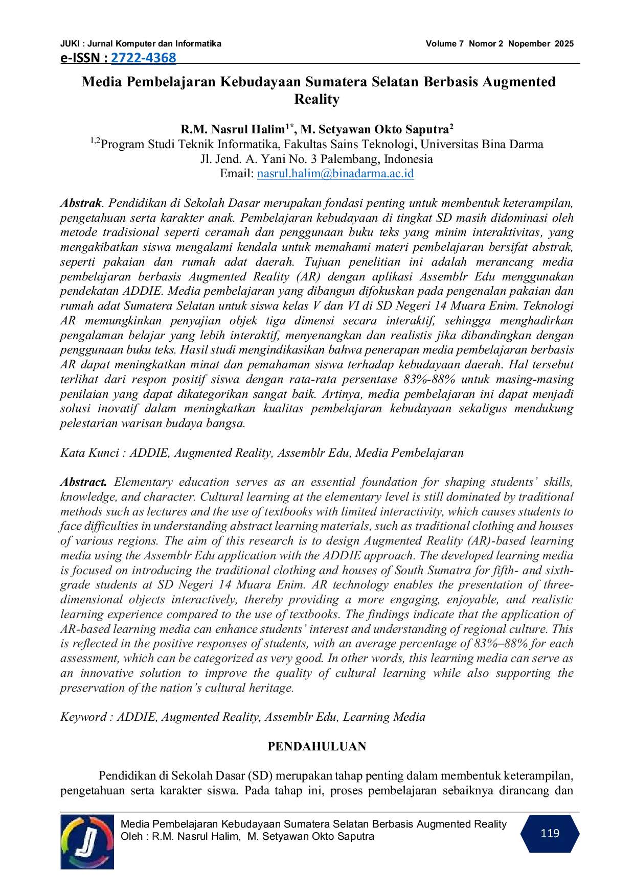 JURIS Media Pembelajaran Kebudayaan Sumatera Selatan Berbasis Augmented Reality