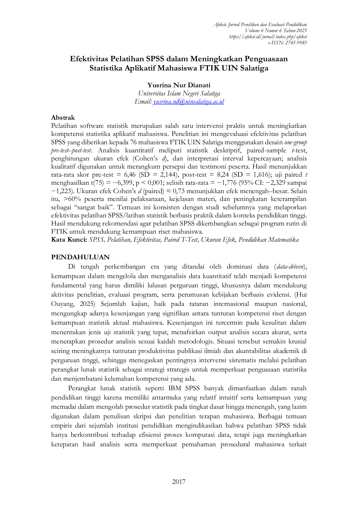 JURIS Efektivitas Pelatihan SPSS dalam Meningkatkan Penguasaan Statistika Aplikatif Mahasiswa FTIK UIN Salatiga