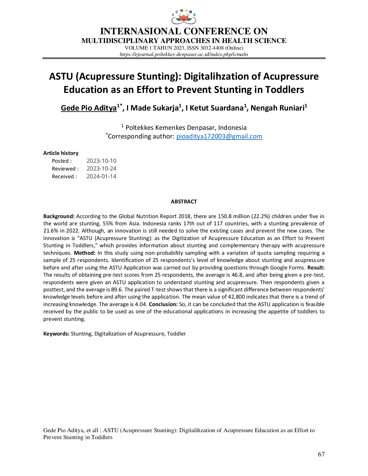JURIS ASTU Acupressure Stunting Digitalization of Acupressure Education as an Effort to Prevent Stunting in Toddlers