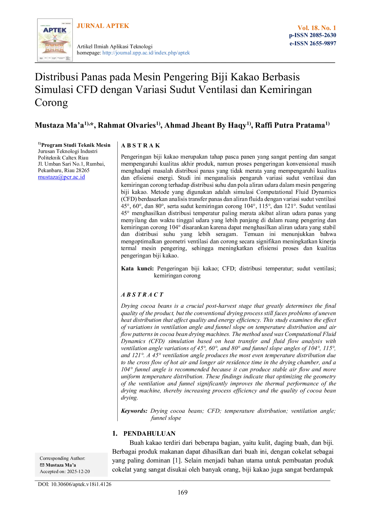 JURIS Distribusi Panas pada Mesin Pengering Biji Kakao Berbasis Simulasi CFD dengan Variasi Sudut Ventilasi dan Kemiringan Corong