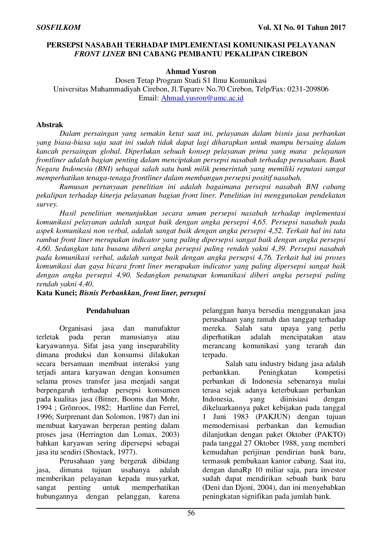 JURIS Persepsi Nasabah Terhadap Implementasi Komunikasi Pelayanan Front Liner BNI Cabang Pembantu Pekalipan Cirebon