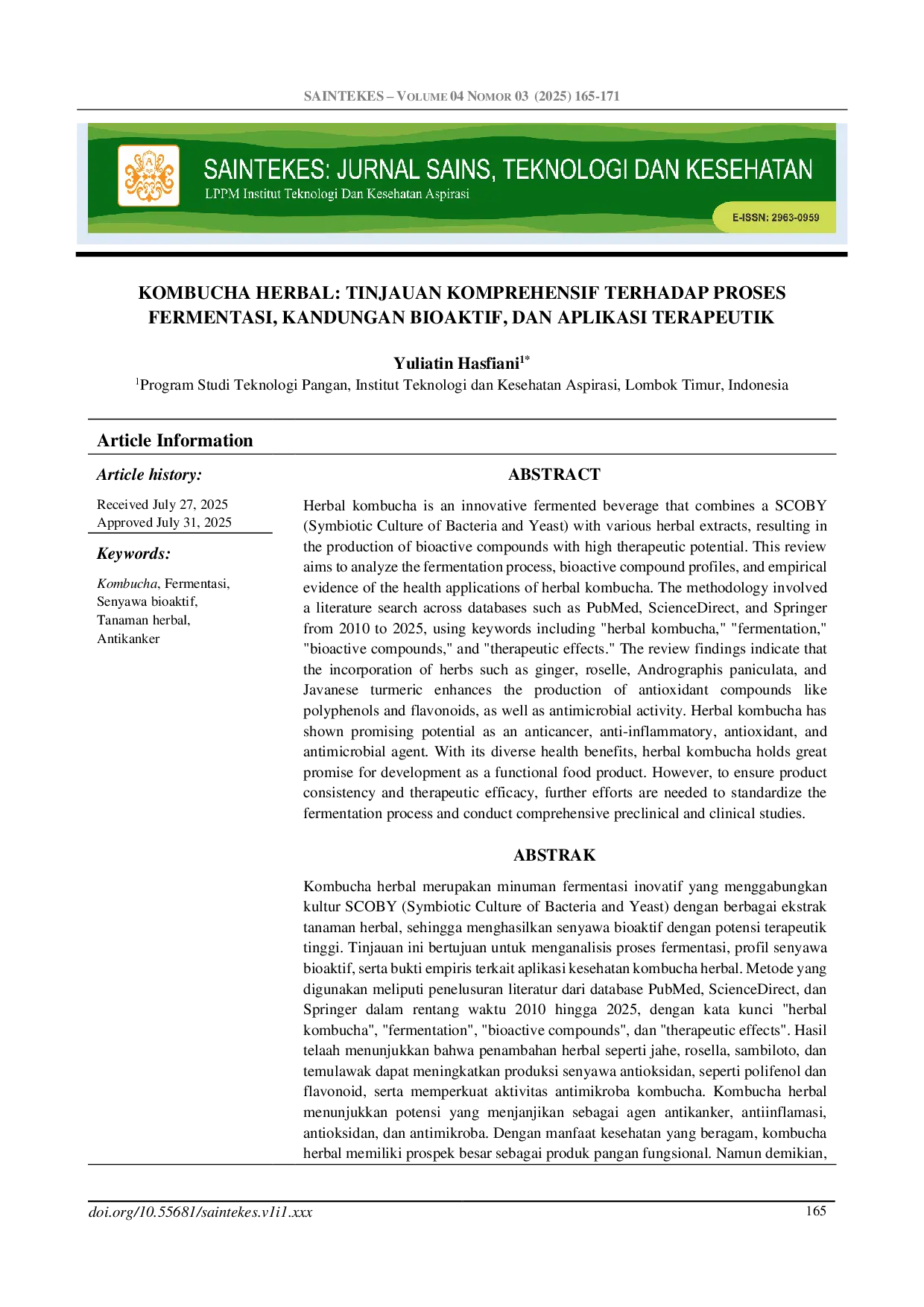 JURIS Kombucha Herbal Tinjauan Komprehensif Terhadap Proses Fermentasi Kandungan Bioaktif Dan Aplikasi Terapeutik