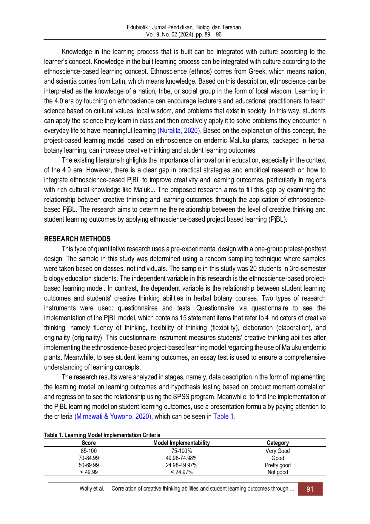 JURIS Correlation of creative thinking abilities and student learning outcomes through the application of ethnoscience based project based learning methods