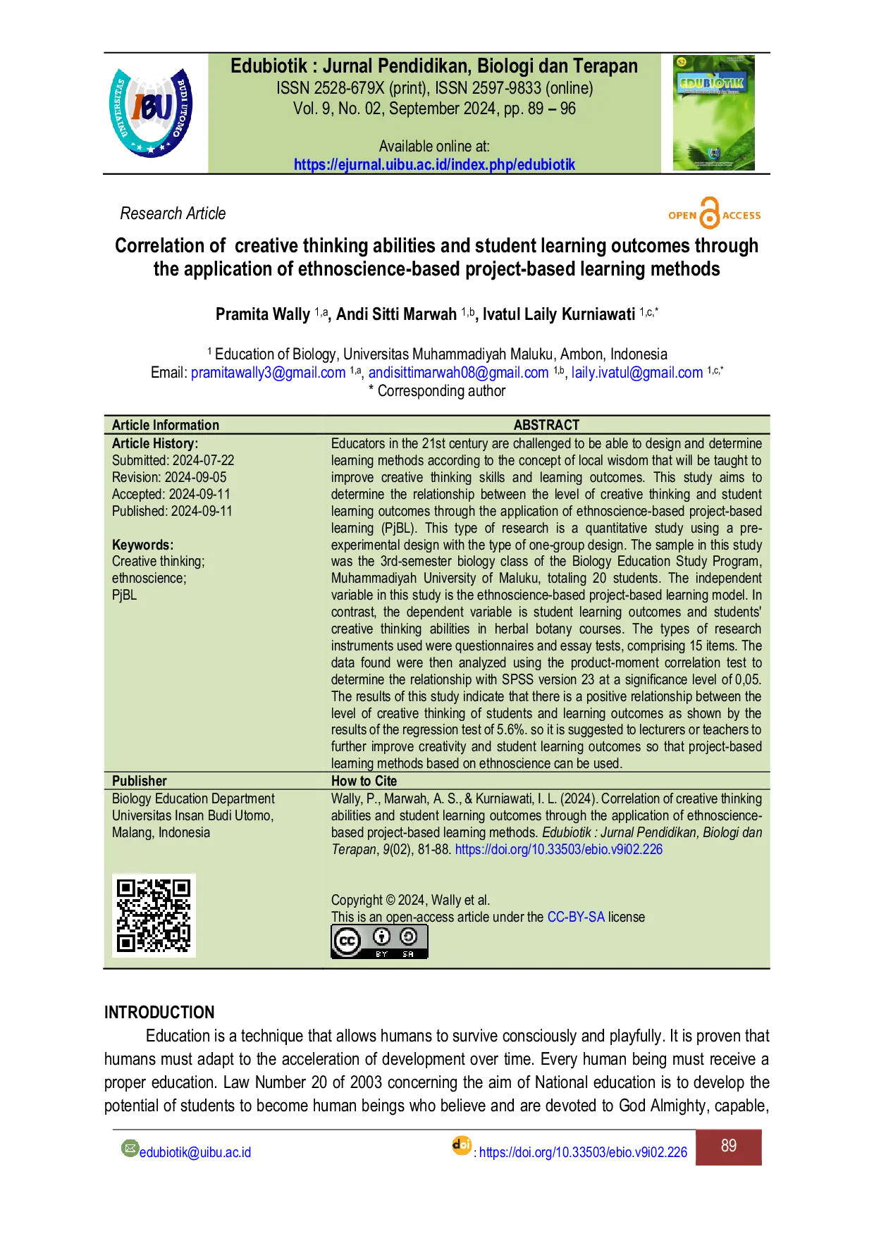 JURIS Correlation of creative thinking abilities and student learning outcomes through the application of ethnoscience based project based learning methods