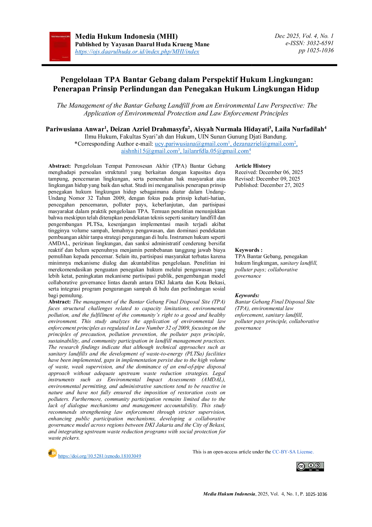 JURIS Pengelolaan TPA Bantar Gebang dalam Perspektif Hukum Lingkungan Penerapan Prinsip Perlindungan dan Penegakan Hukum Lingkungan Hidup