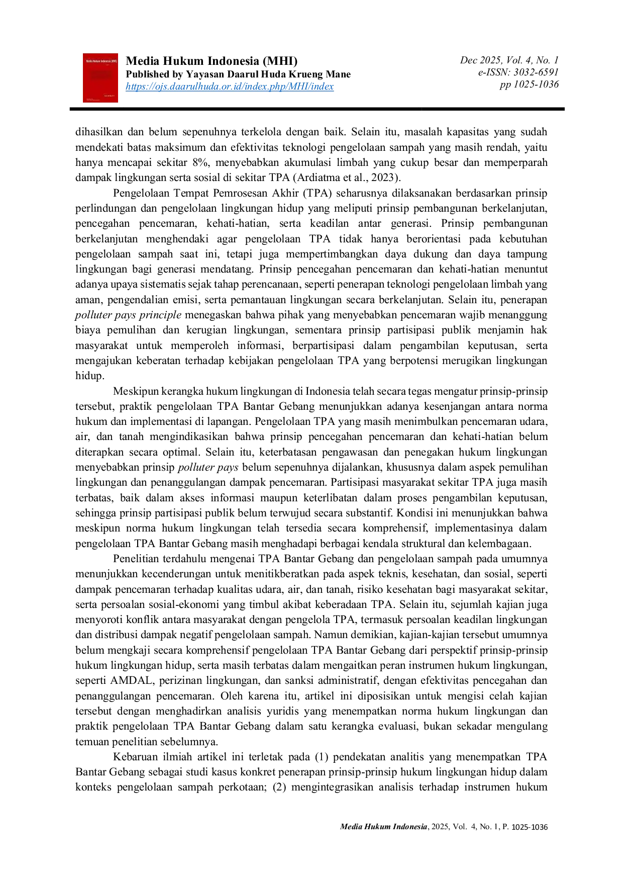 JURIS Pengelolaan TPA Bantar Gebang dalam Perspektif Hukum Lingkungan Penerapan Prinsip Perlindungan dan Penegakan Hukum Lingkungan Hidup