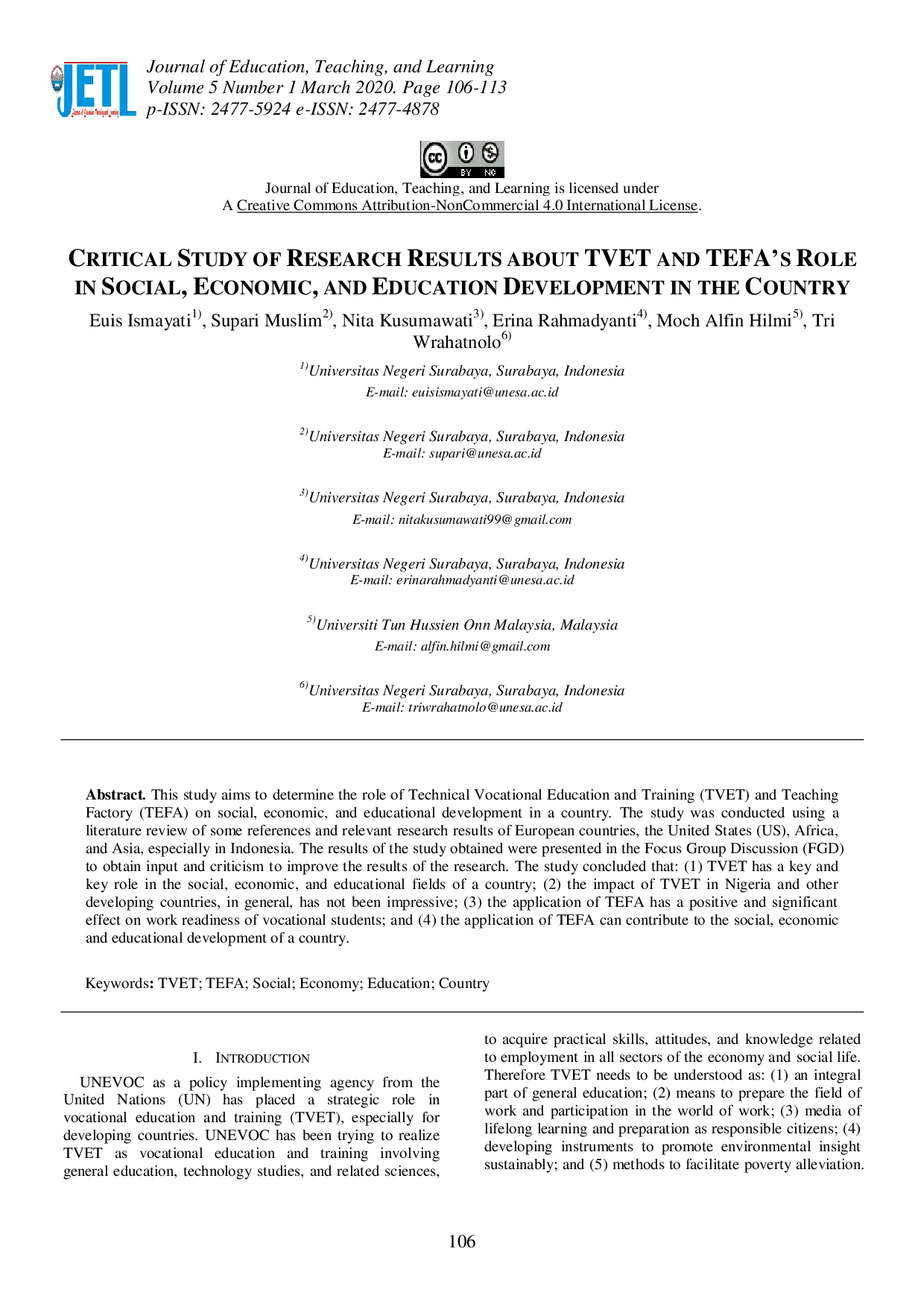 juris Critical Study of Research Results about TVET and TEFA s Role in Social Economic and Education Development in the Country