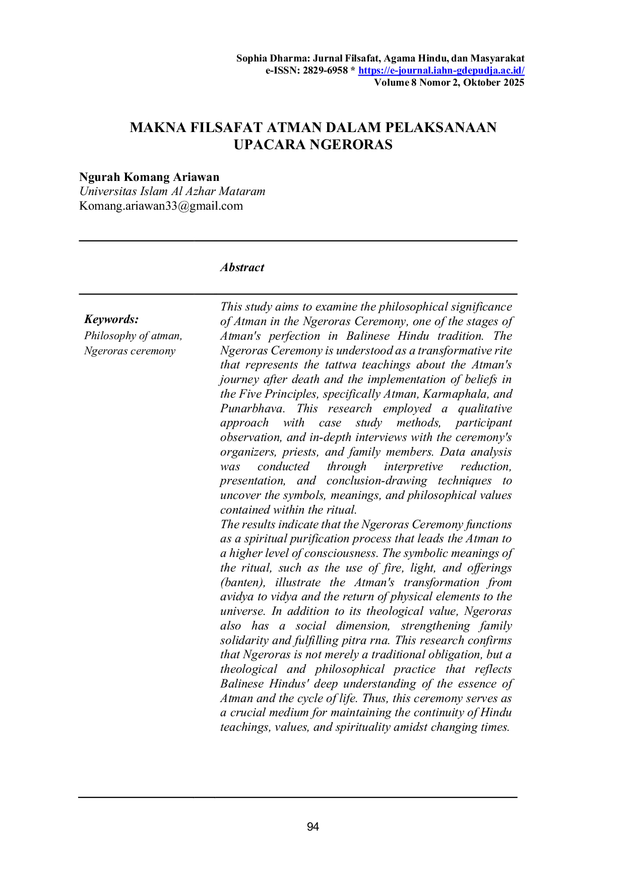 JURIS Makna Filsafat Atman Dalam Pelaksanaan Upacara Ngeroras