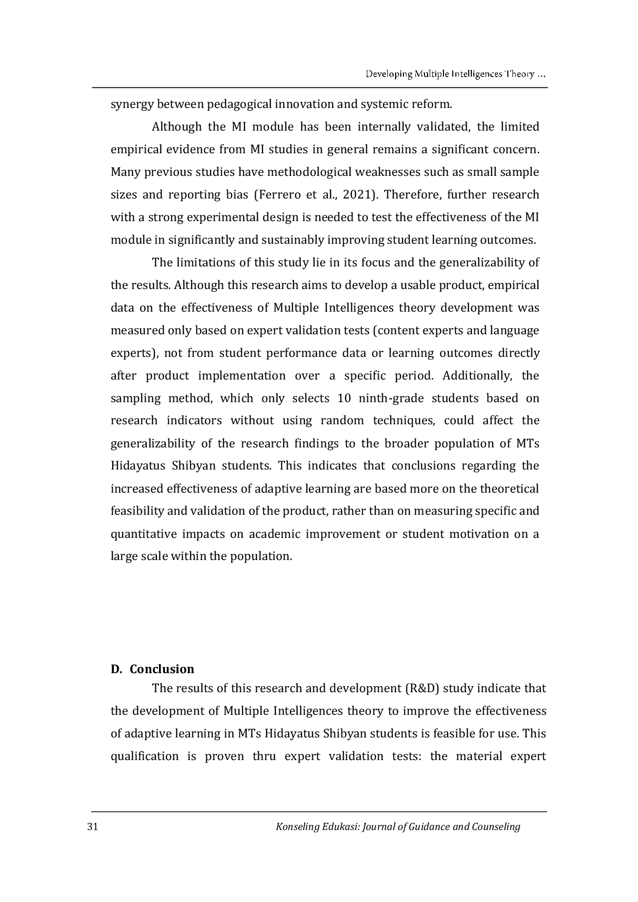 JURIS Developing Multiple Intelligences Theory to Improve the Effectiveness of Adaptive Learning in MTs Hidayatus Shibyan Students