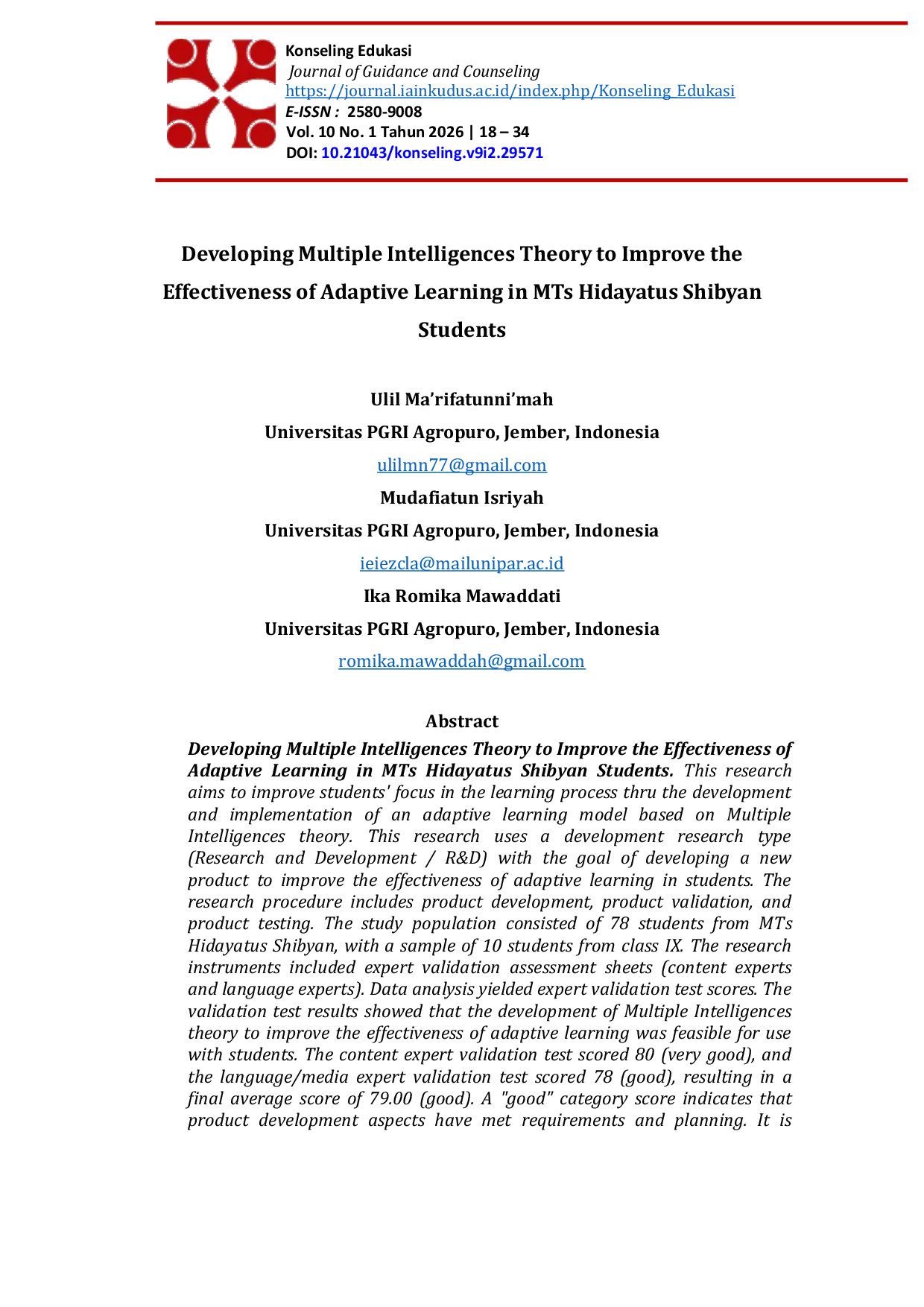 JURIS Developing Multiple Intelligences Theory to Improve the Effectiveness of Adaptive Learning in MTs Hidayatus Shibyan Students