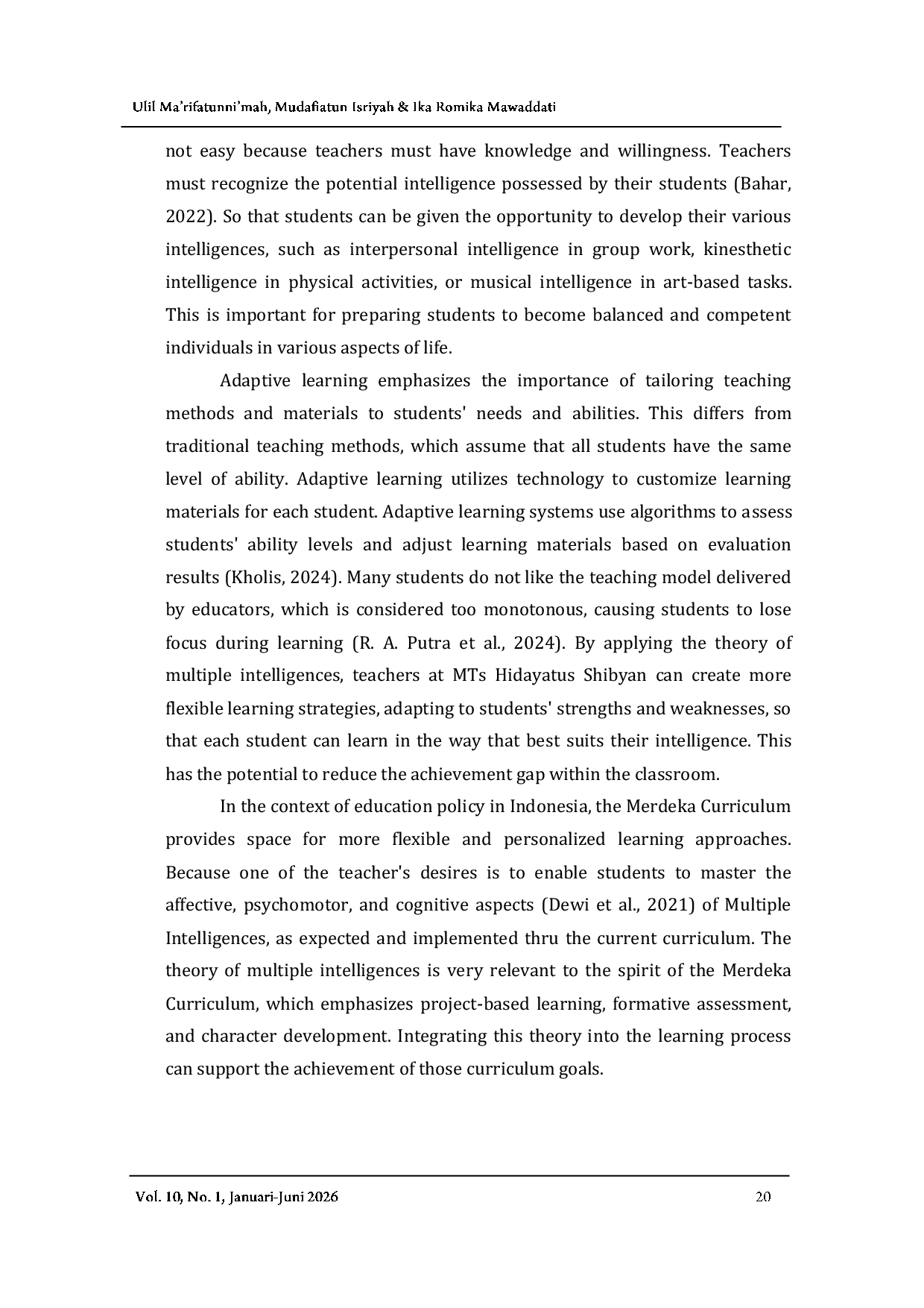 JURIS Developing Multiple Intelligences Theory to Improve the Effectiveness of Adaptive Learning in MTs Hidayatus Shibyan Students