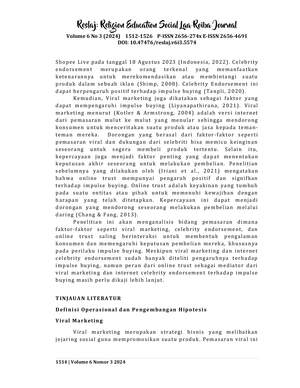 JURIS Pengaruh Viral Marketing dan Internet Celebrity Endorsement terhadap Impulse Buying Melalui Online Trust