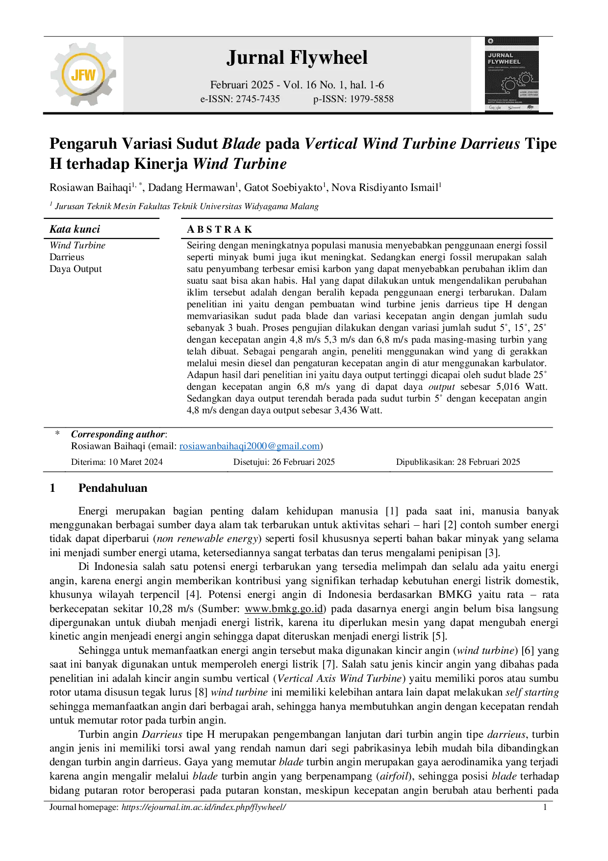 JURIS Pengaruh Variasi Sudut Blade pada Vertical Wind Turbine Darrieus Tipe H terhadap Kinerja Wind Turbine