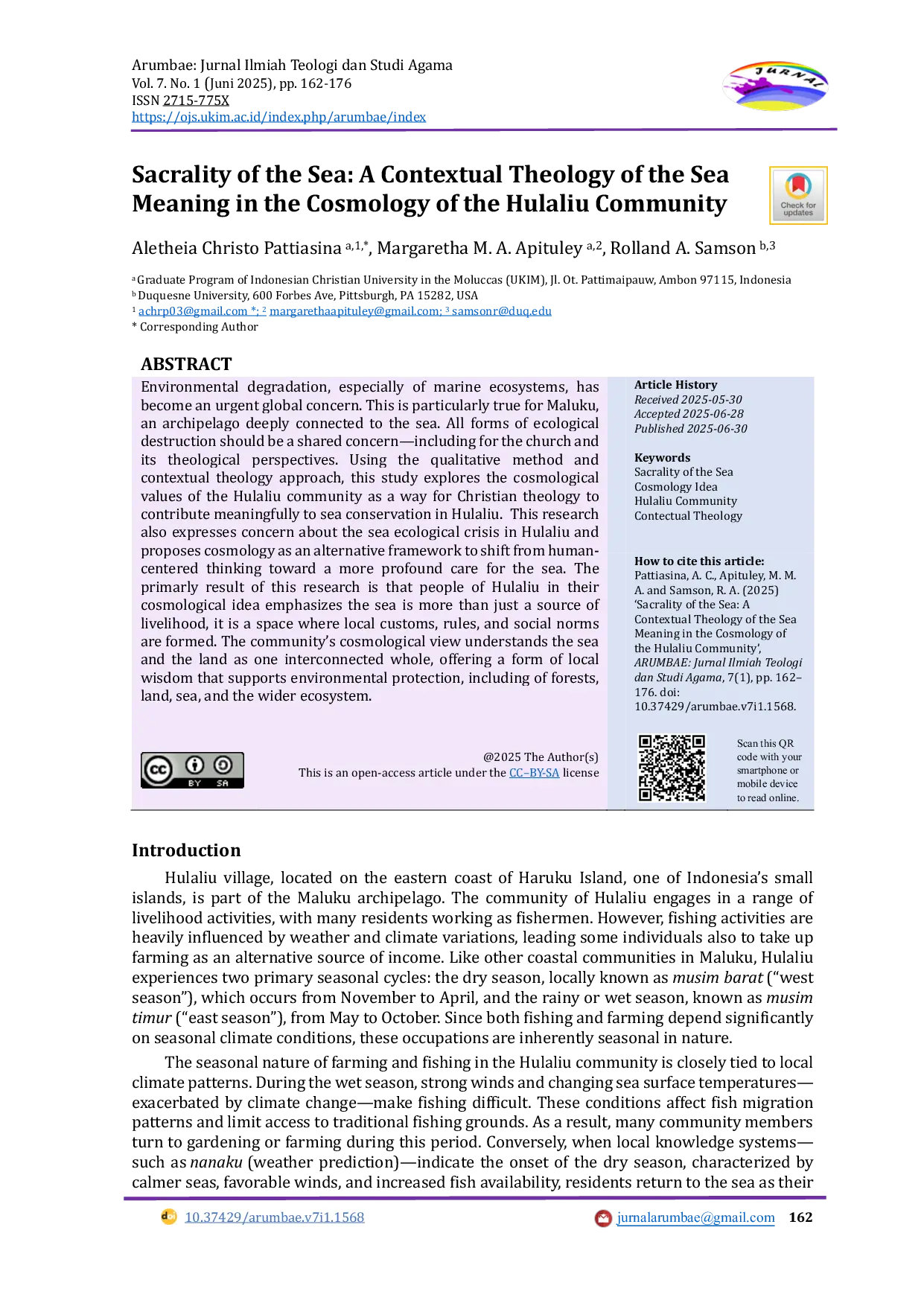 JURIS Sacrality of the Sea A Contextual Theology of the Sea Meaning in the Cosmology of the Hulaliu Community