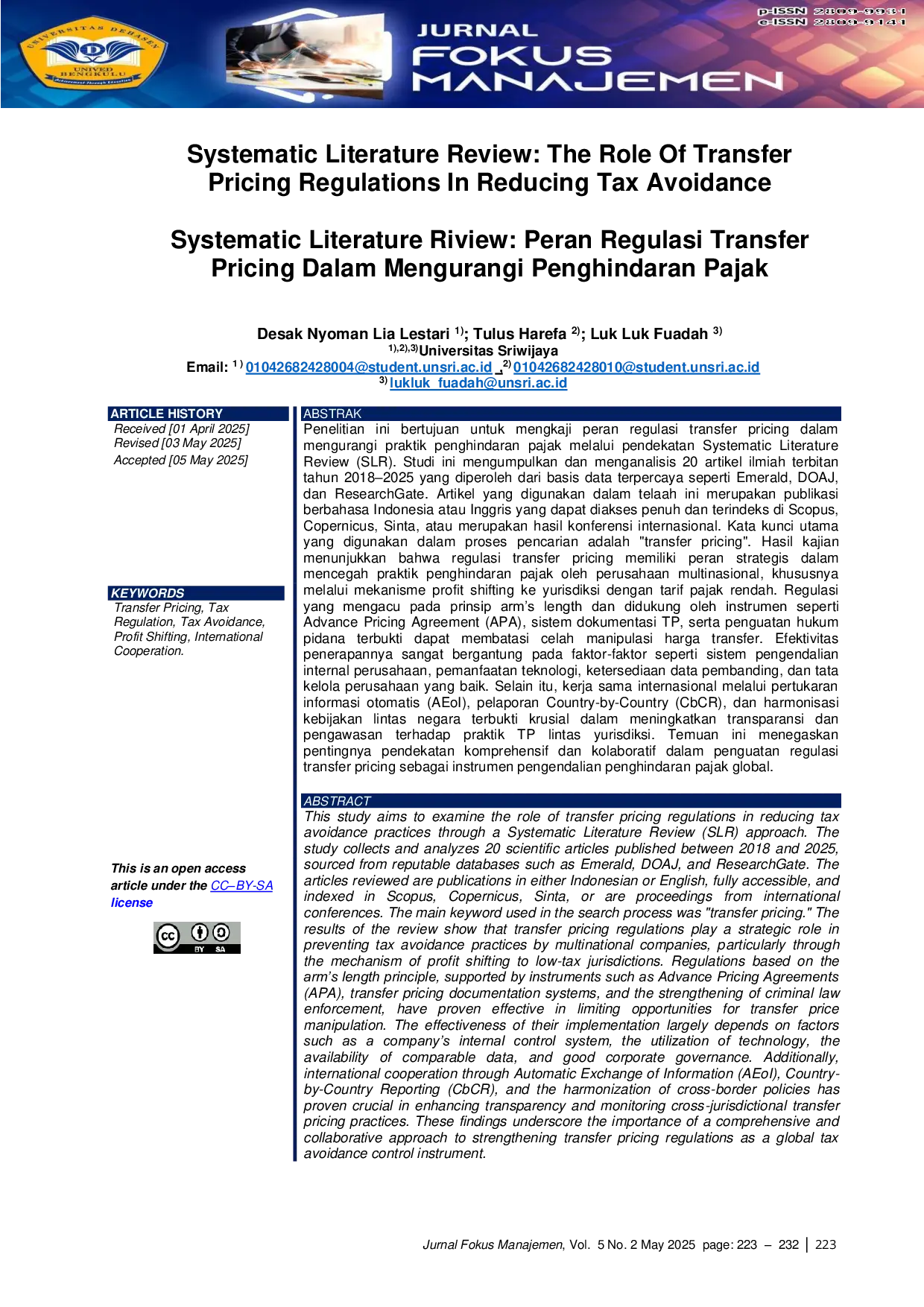 JURIS Systematic Literature Review The Role Of Transfer Pricing Regulations In Reducing Tax