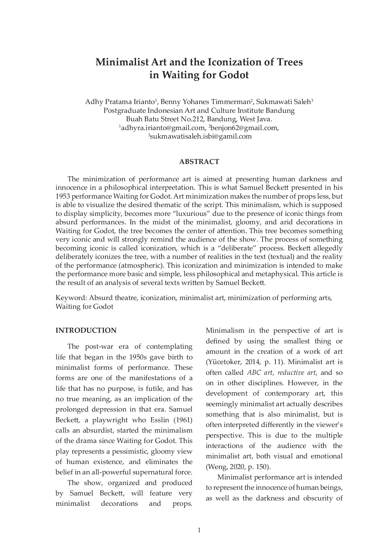 JURIS Minimalist Art and the Iconization of Trees in Waiting for Godot