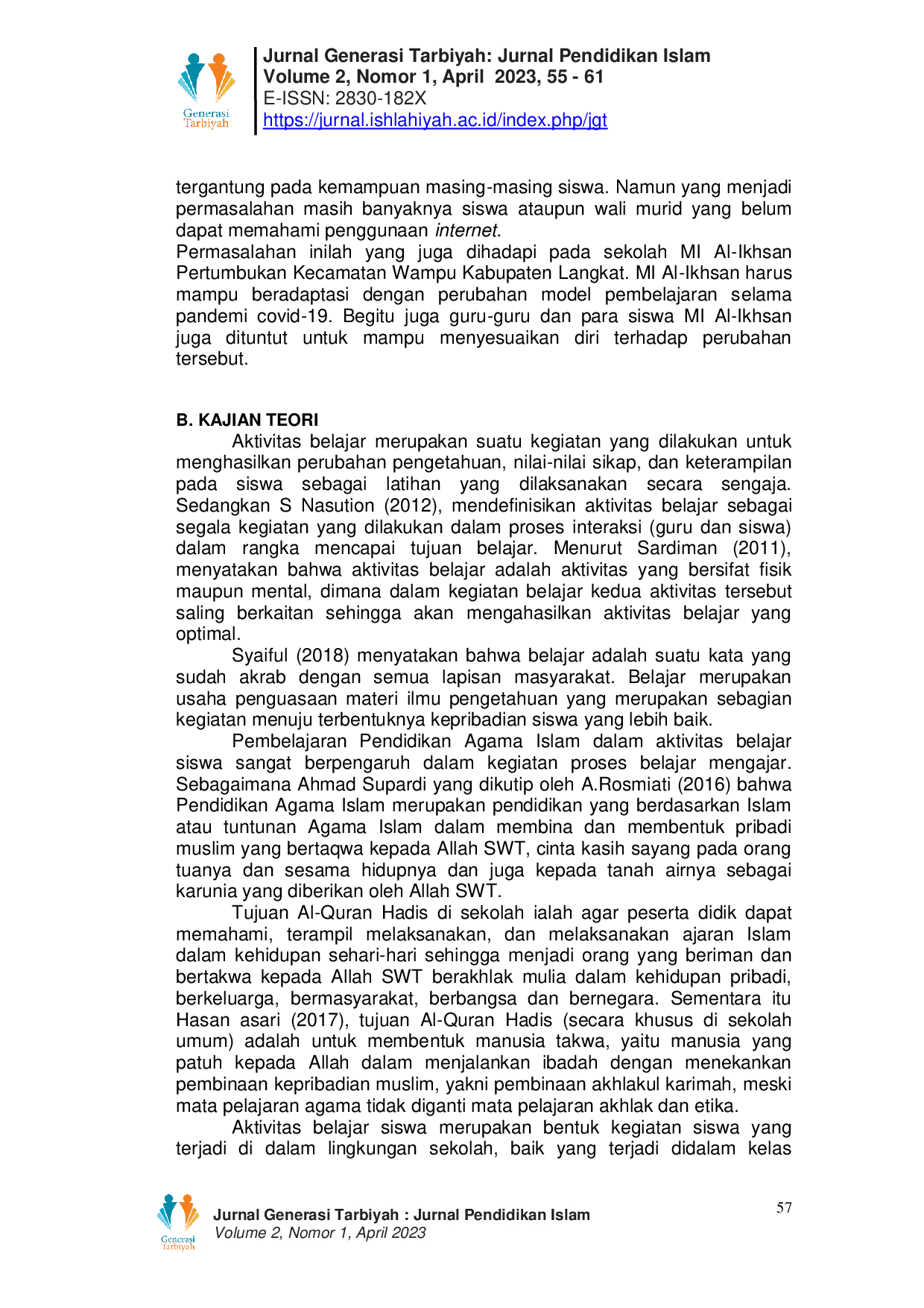 JURIS Aktivitas Belajar Siswa Pada Pembelajaran Al Quran Hadis Online Pada Masa Covid 19 Di Mi Al Ikhsan Pertumbuhan
