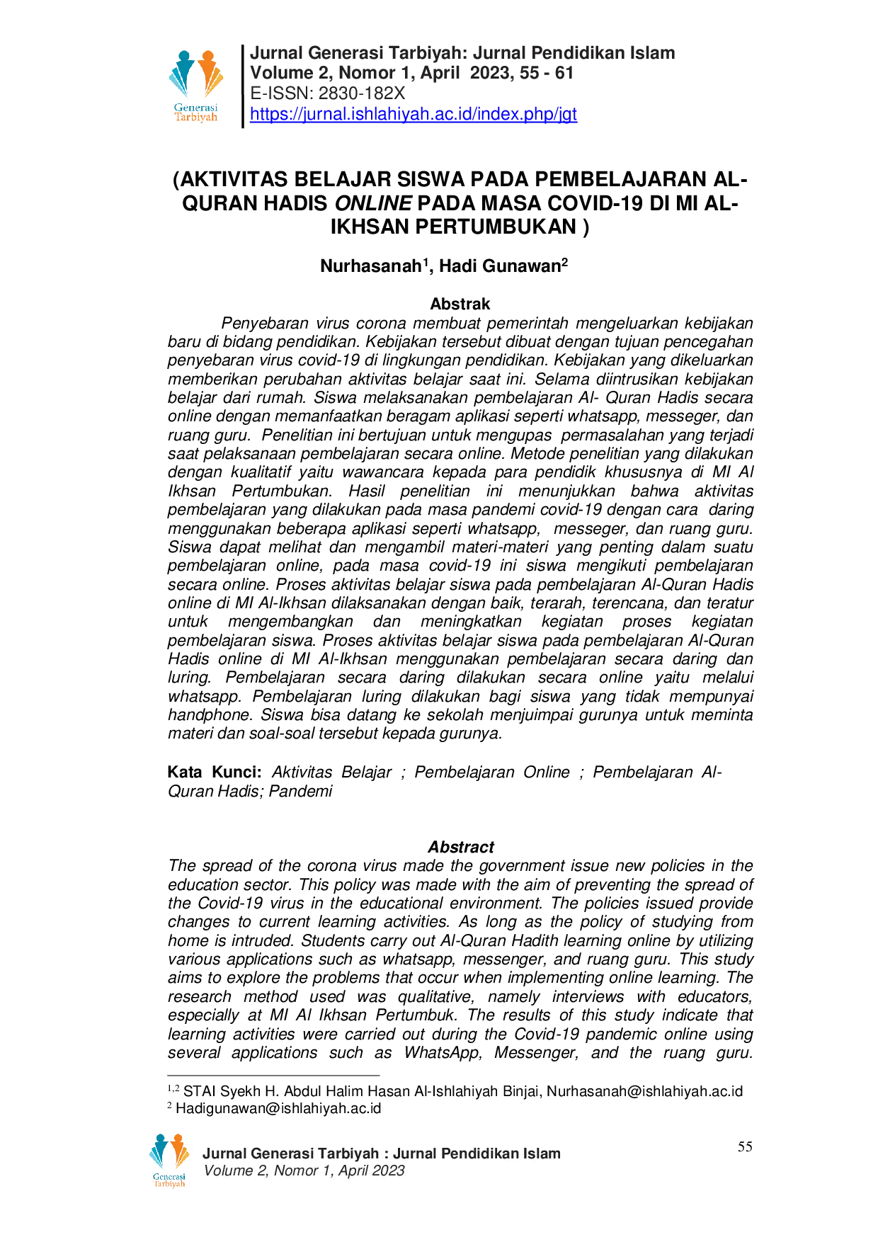 JURIS Aktivitas Belajar Siswa Pada Pembelajaran Al Quran Hadis Online Pada Masa Covid 19 Di Mi Al Ikhsan Pertumbuhan