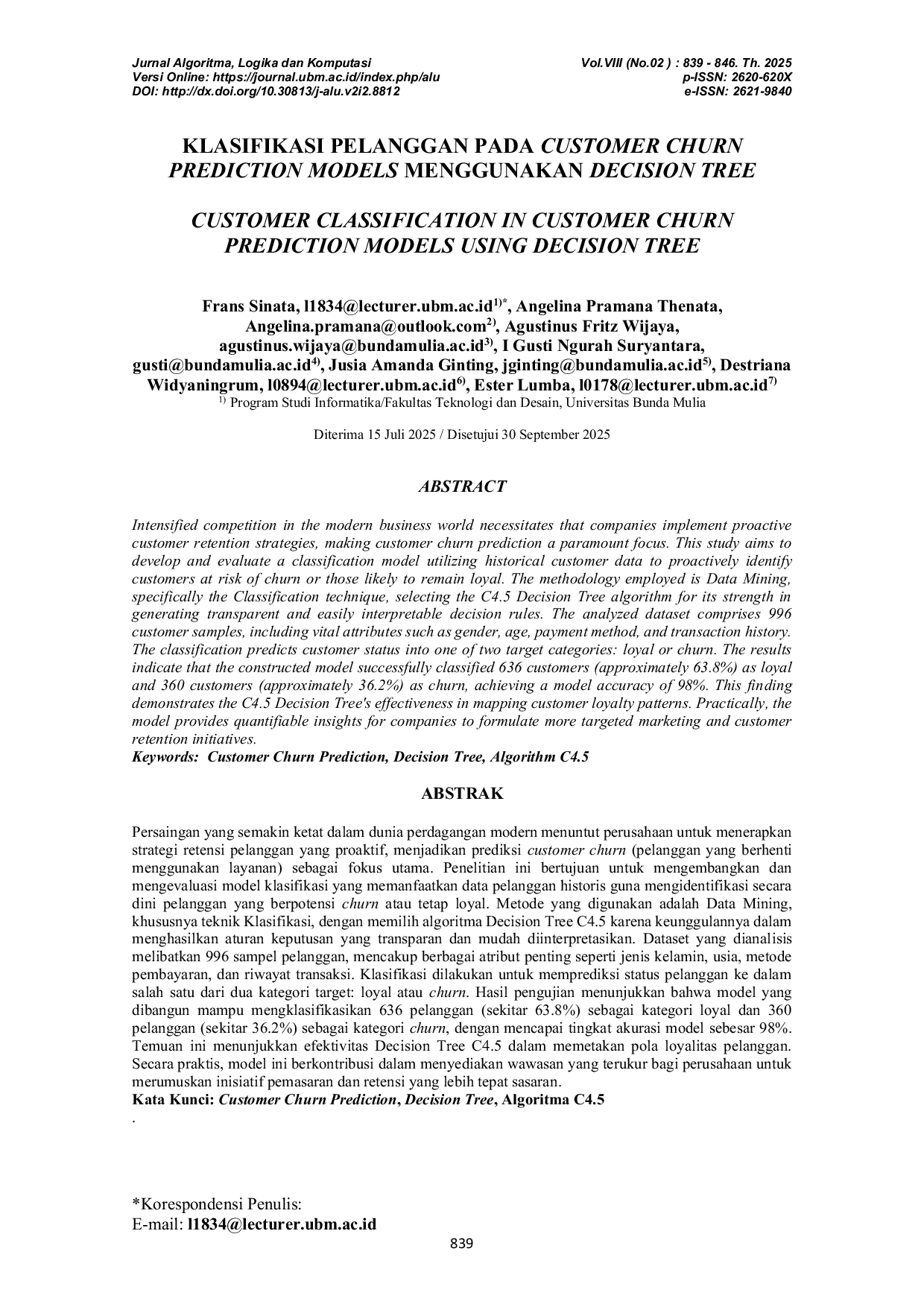 JURIS Klasifikasi Pelanggan pada Customer Churn Prediction Models Menggunakan Decision Tree