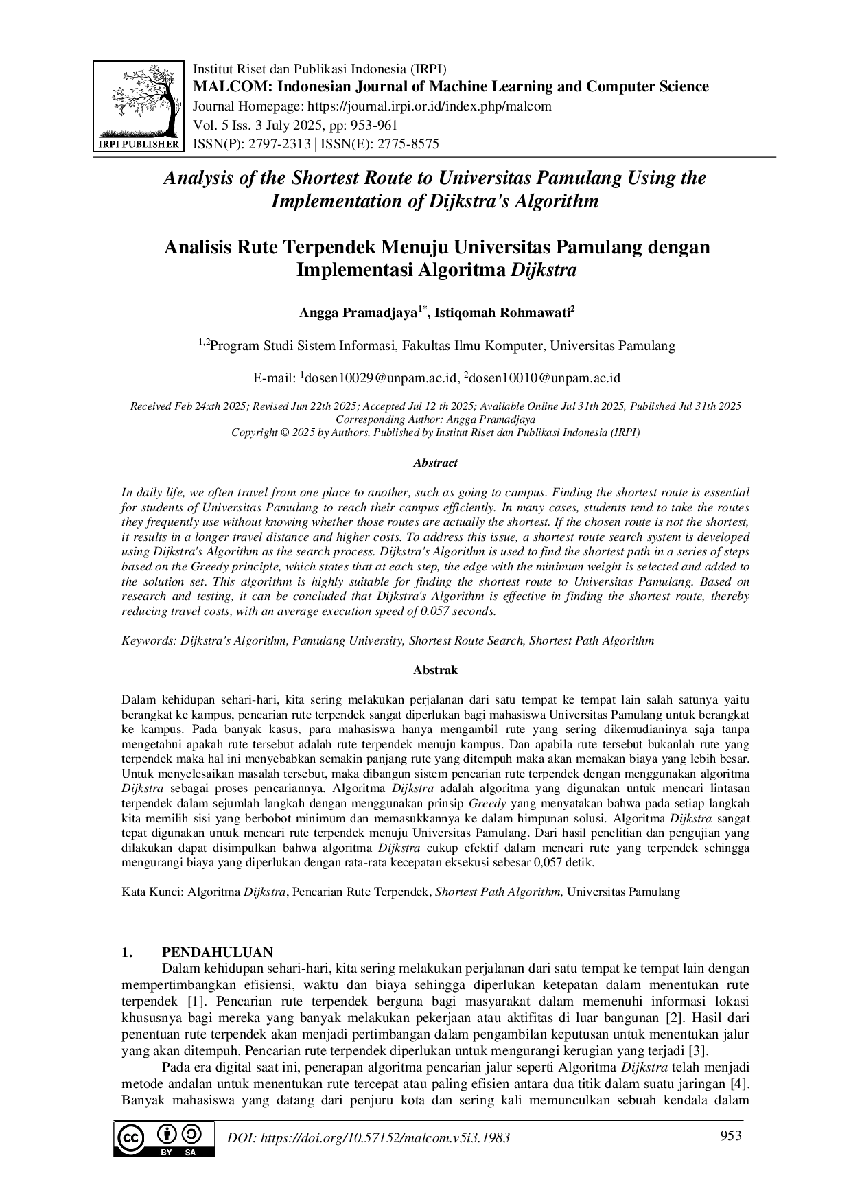 JURIS Analisis Rute Terpendek Menuju Universitas Pamulang dengan Implementasi Algoritma Dijkstra