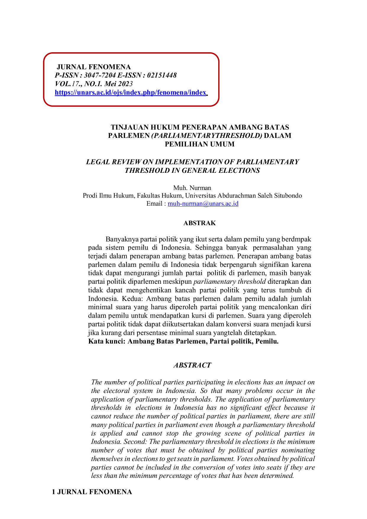 JURIS Tinjauan Hukum Penerapan Ambang Batas Parlemen Parliamentary Threshold dalam Pemilihan Umum